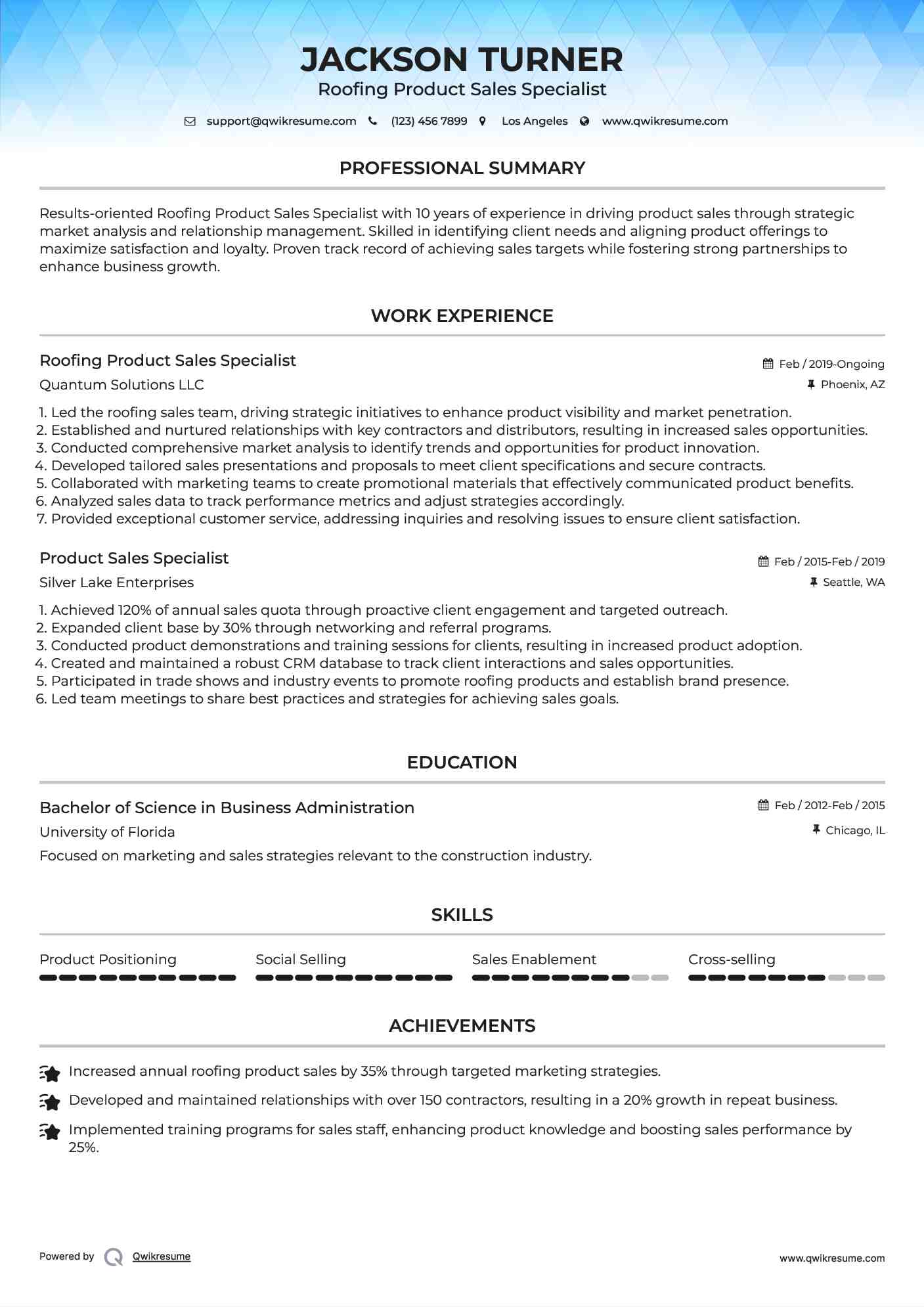 Roofing Product Sales Specialist Resume Template