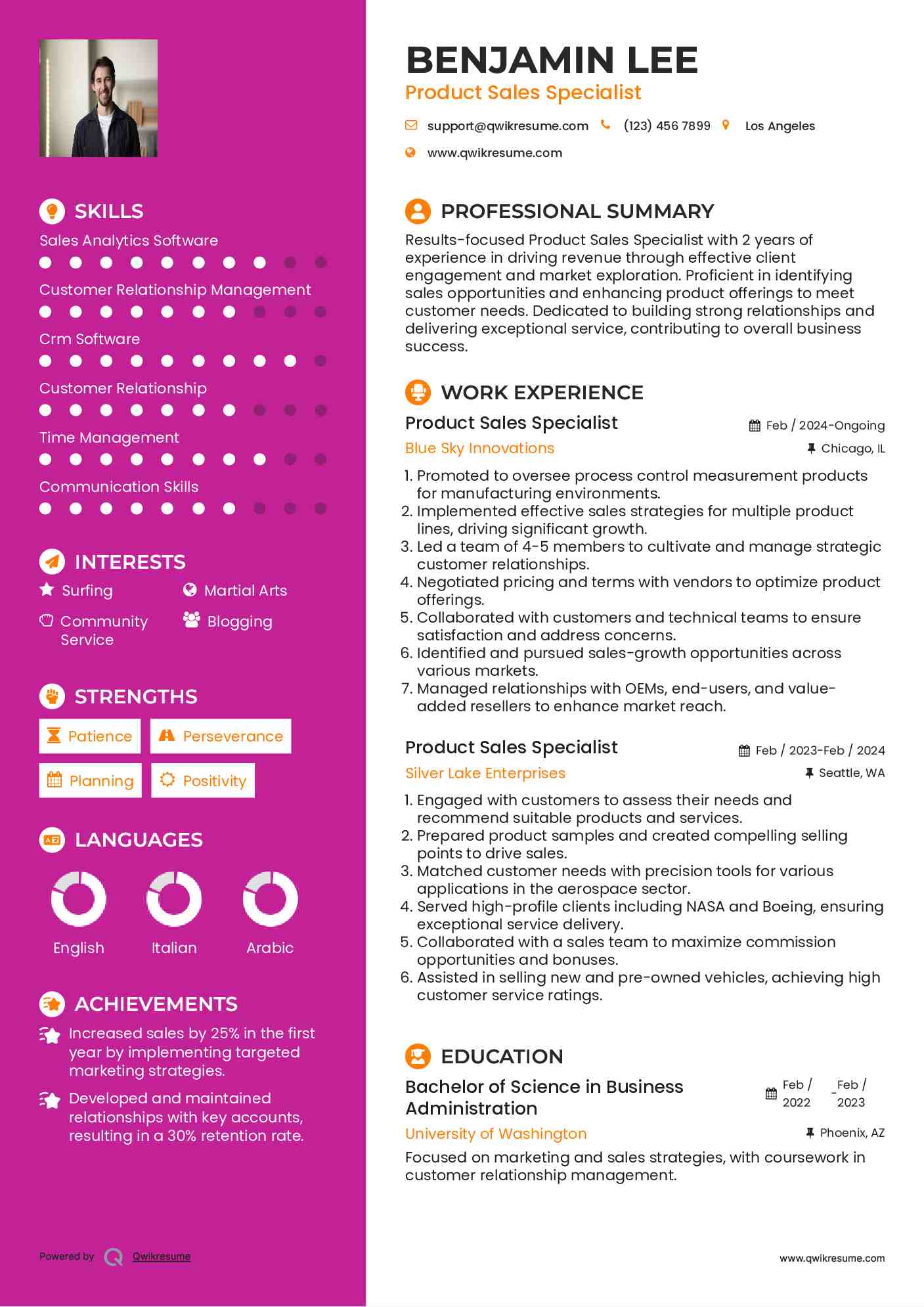 Product Sales Specialist Resume Example