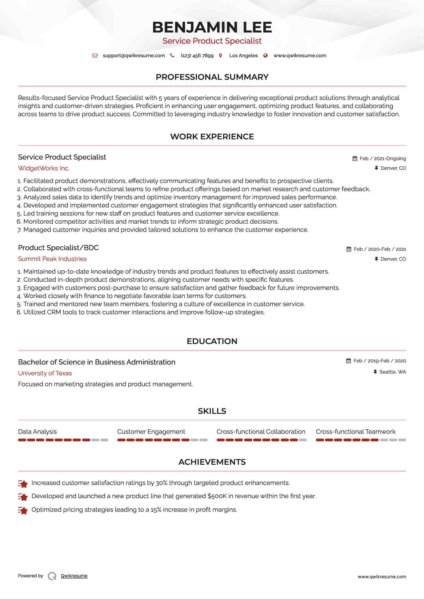 Service Product Specialist  Resume Sample
