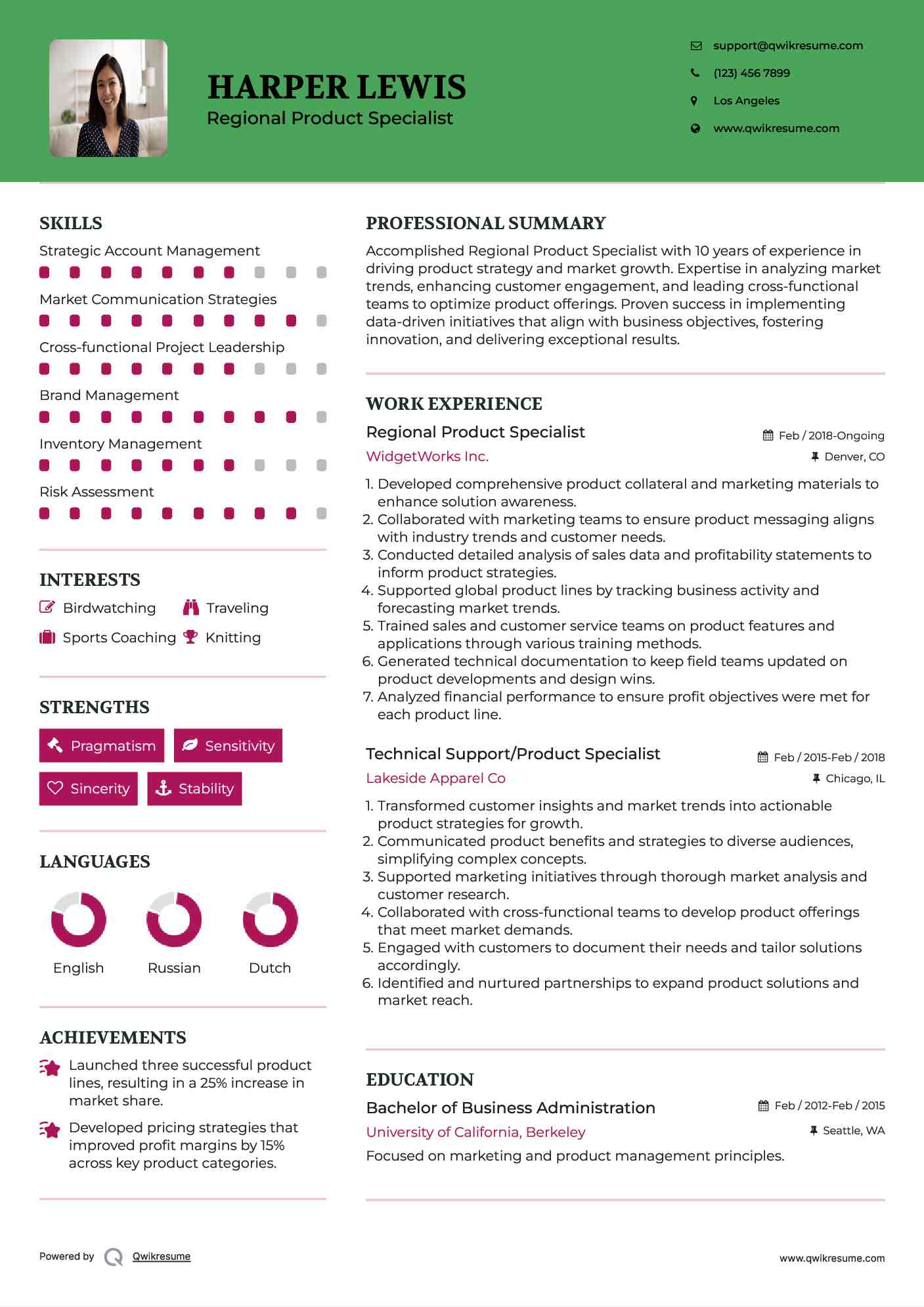 Regional Product Specialist Resume Model