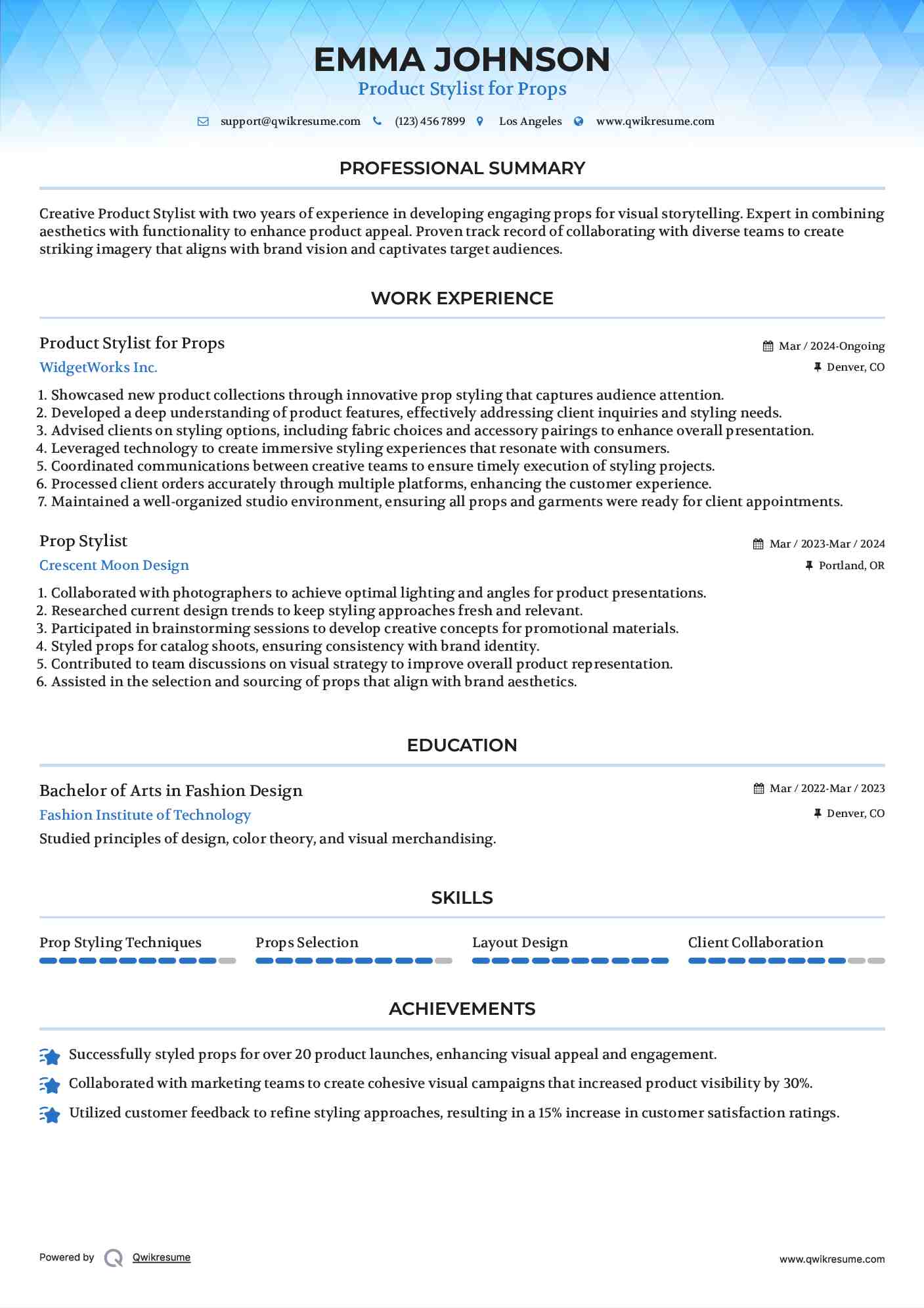 Product Stylist for Props Resume Example