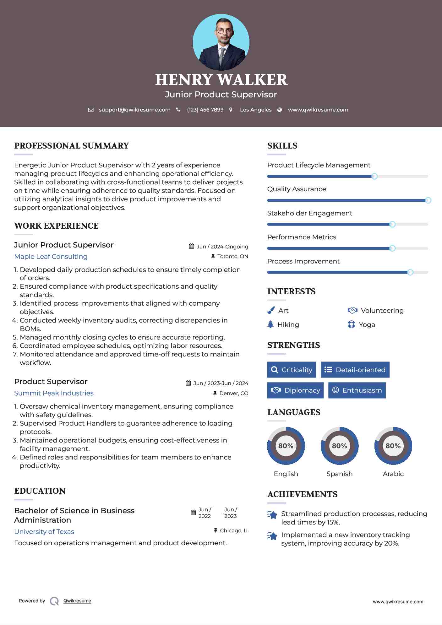 Junior Product Supervisor Resume Model