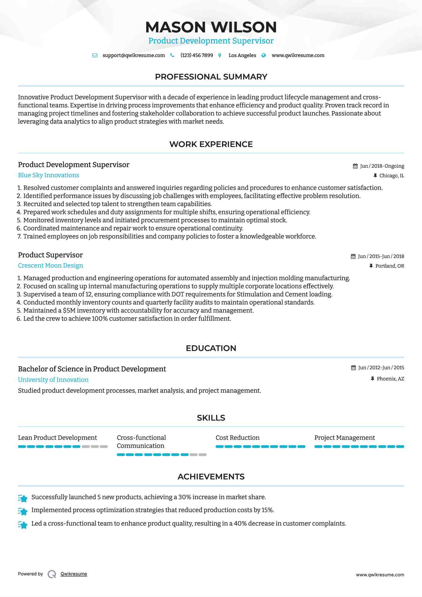 Product Development Supervisor Resume Sample