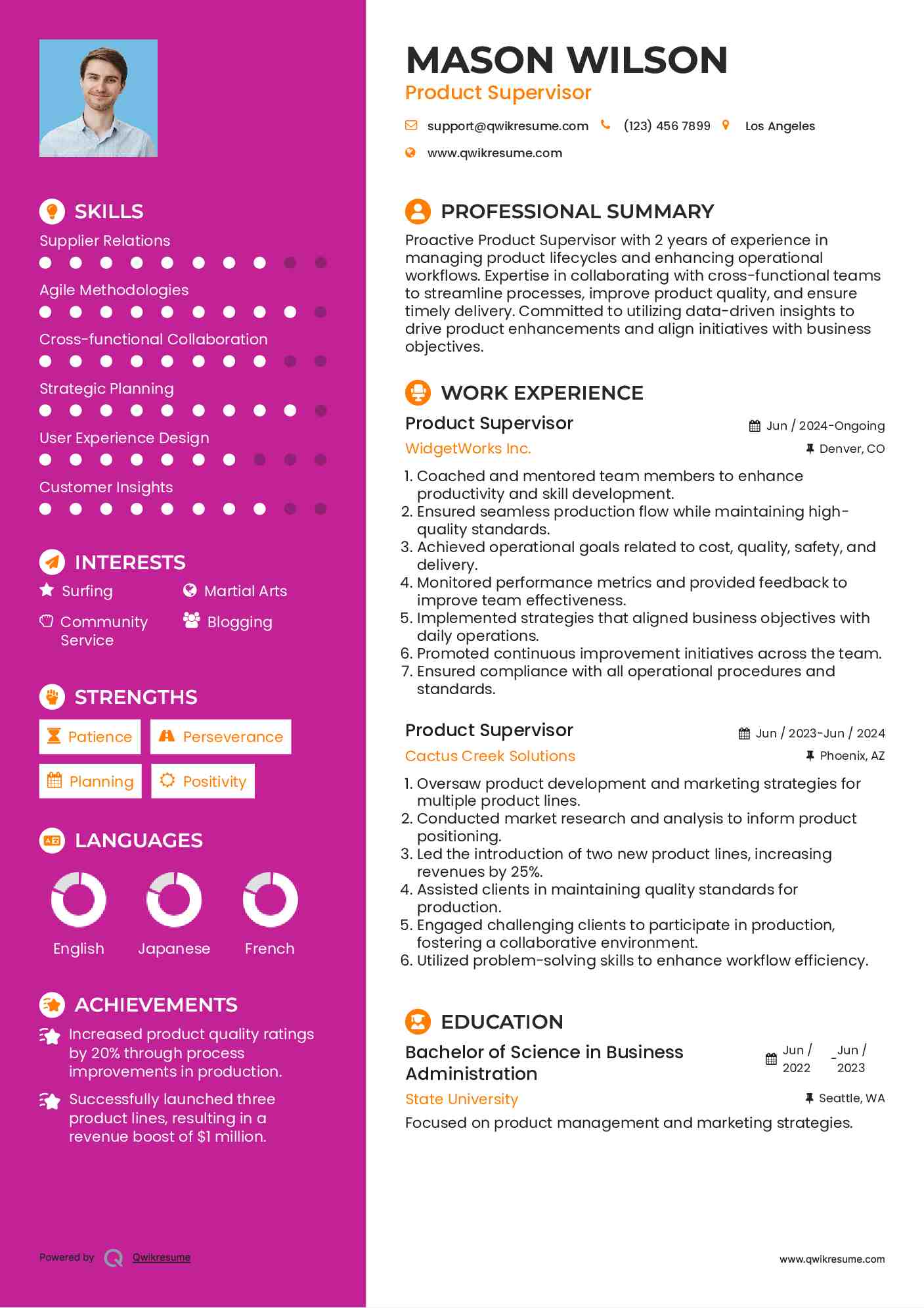 Product Supervisor Resume Example