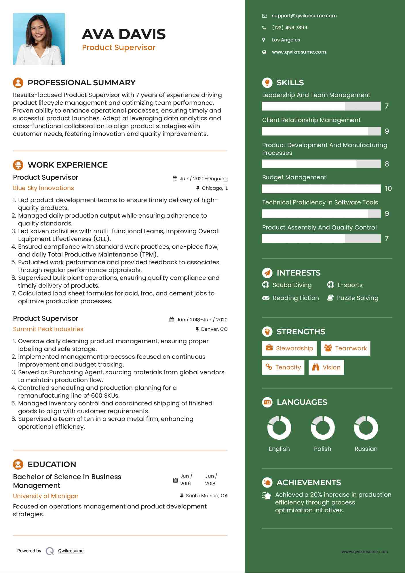 Product Supervisor Resume Example
