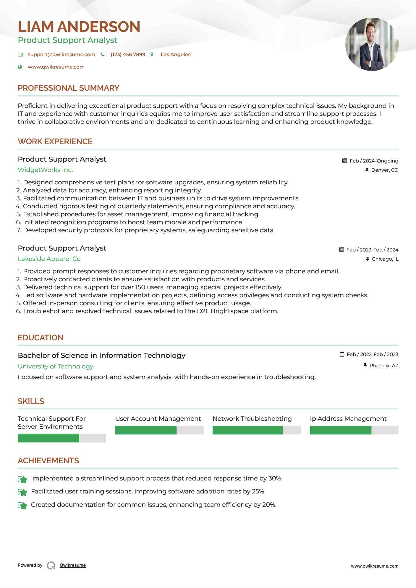 Product Support Analyst Resume Sample