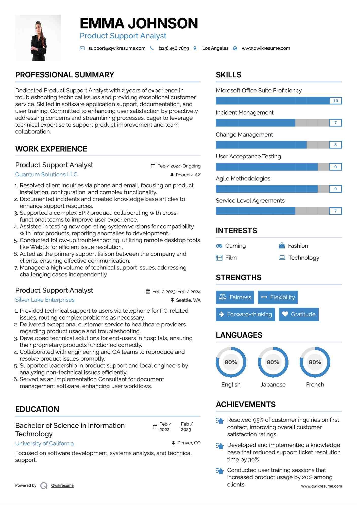 Product Support Analyst Resume Sample