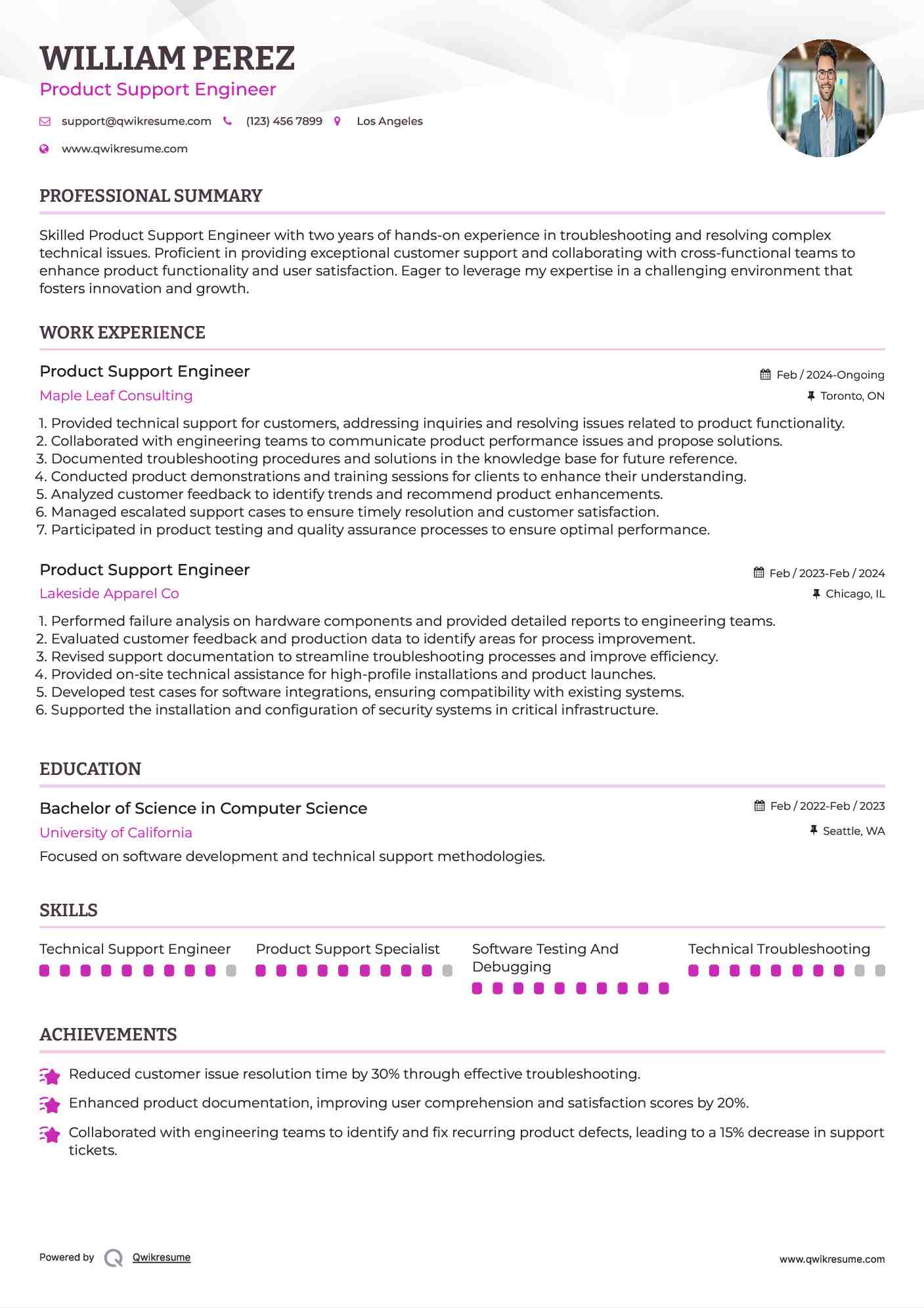 Product Support Engineer Resume Sample