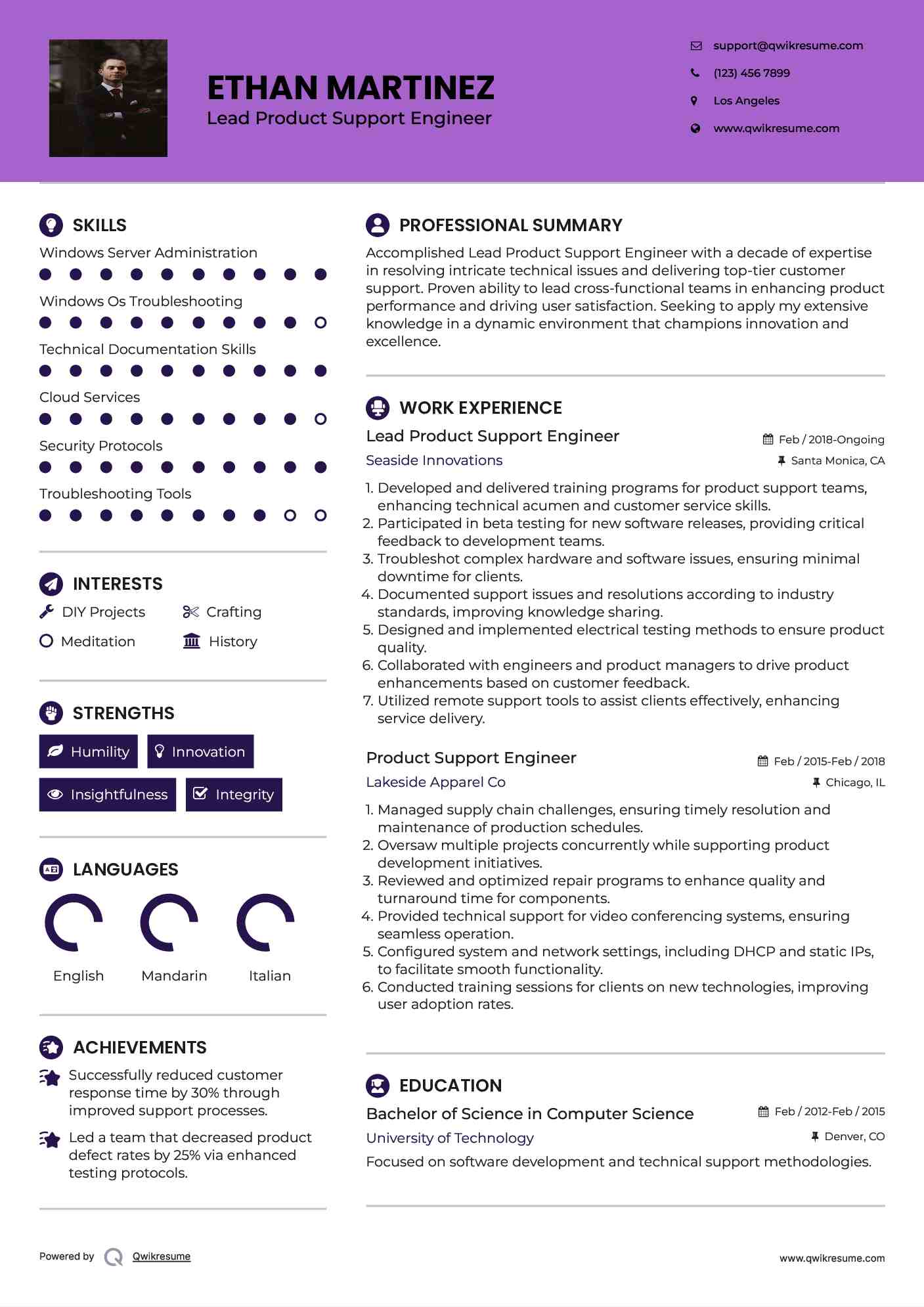 Lead Product Support Engineer Resume Model