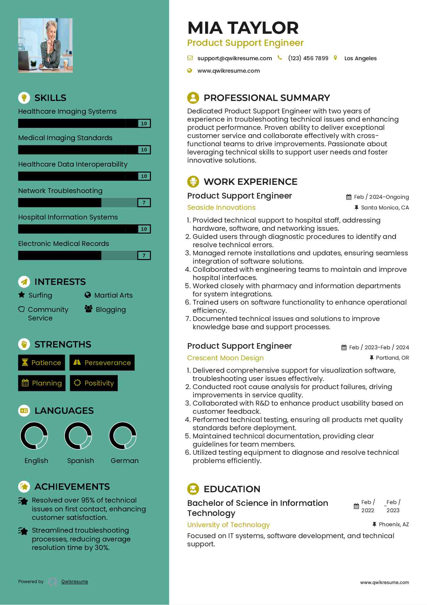 Product Support Engineer Resume Example