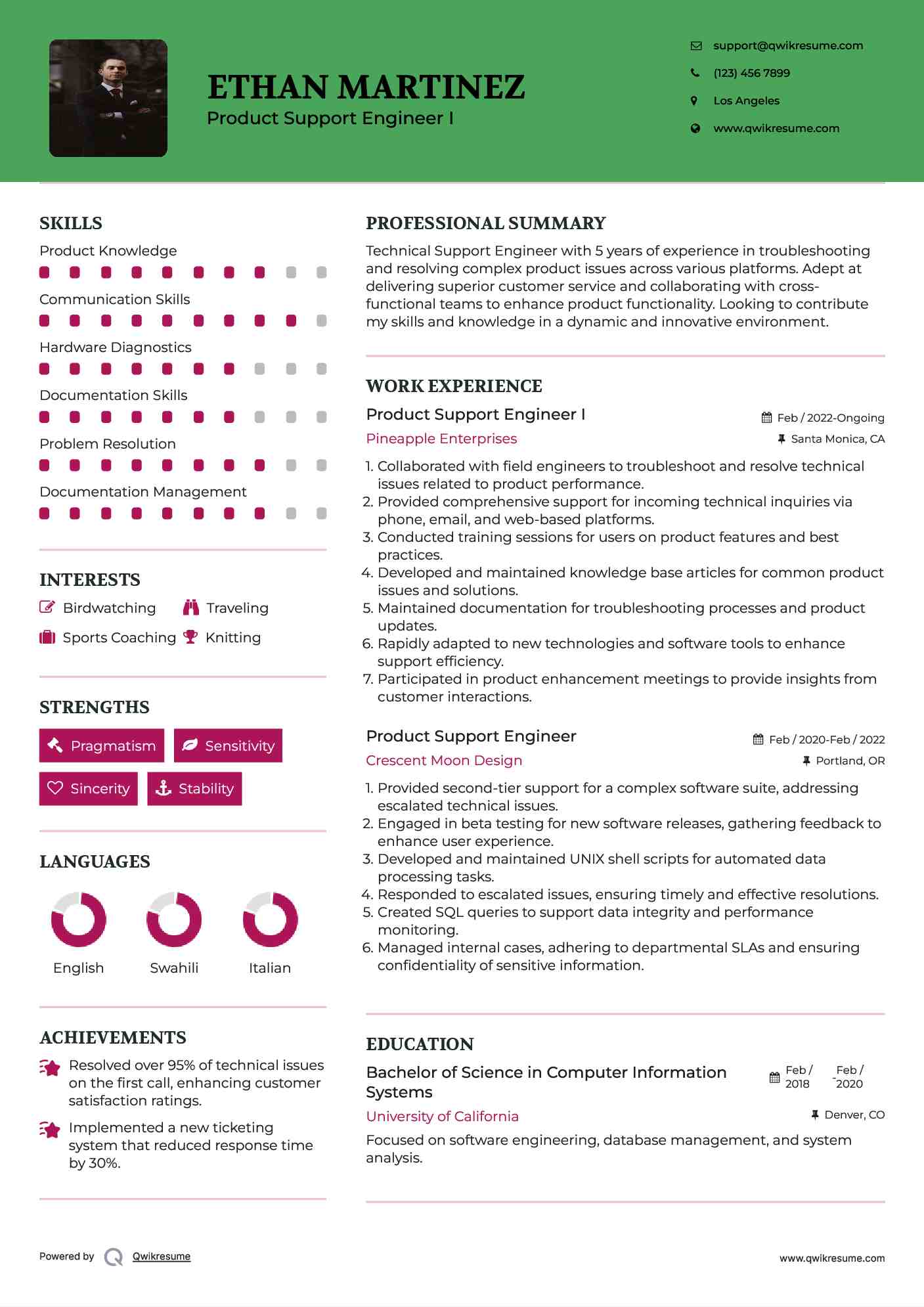 Product Support Engineer I Resume Format