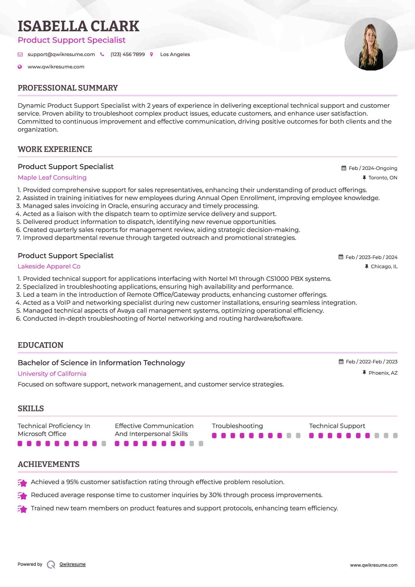 Product Support Specialist Resume Example