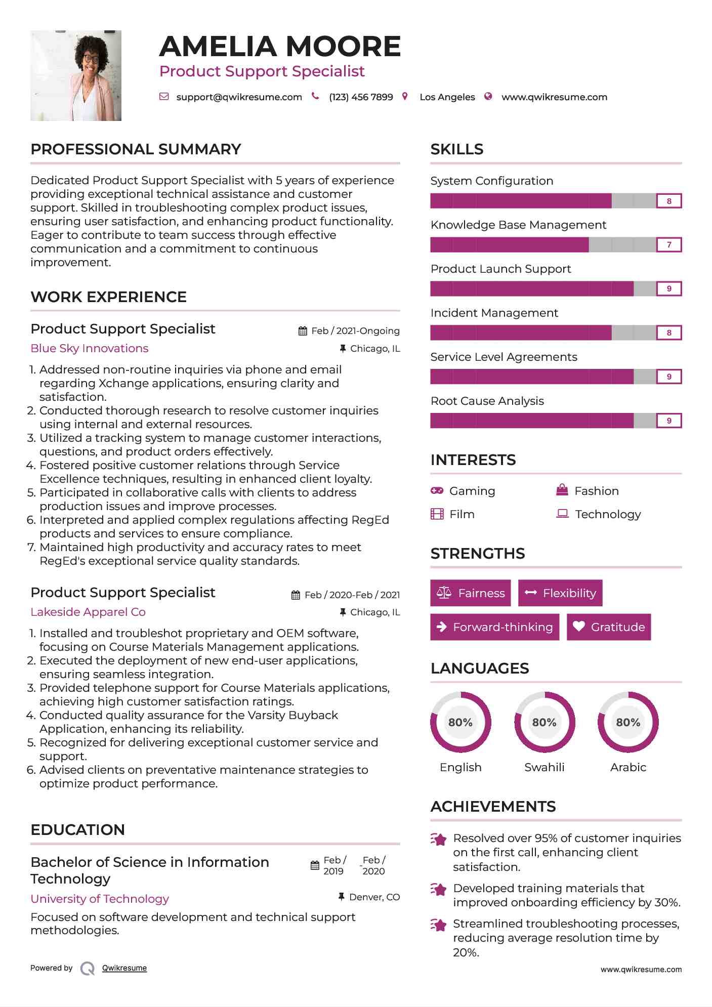 Product Support Specialist Resume Format