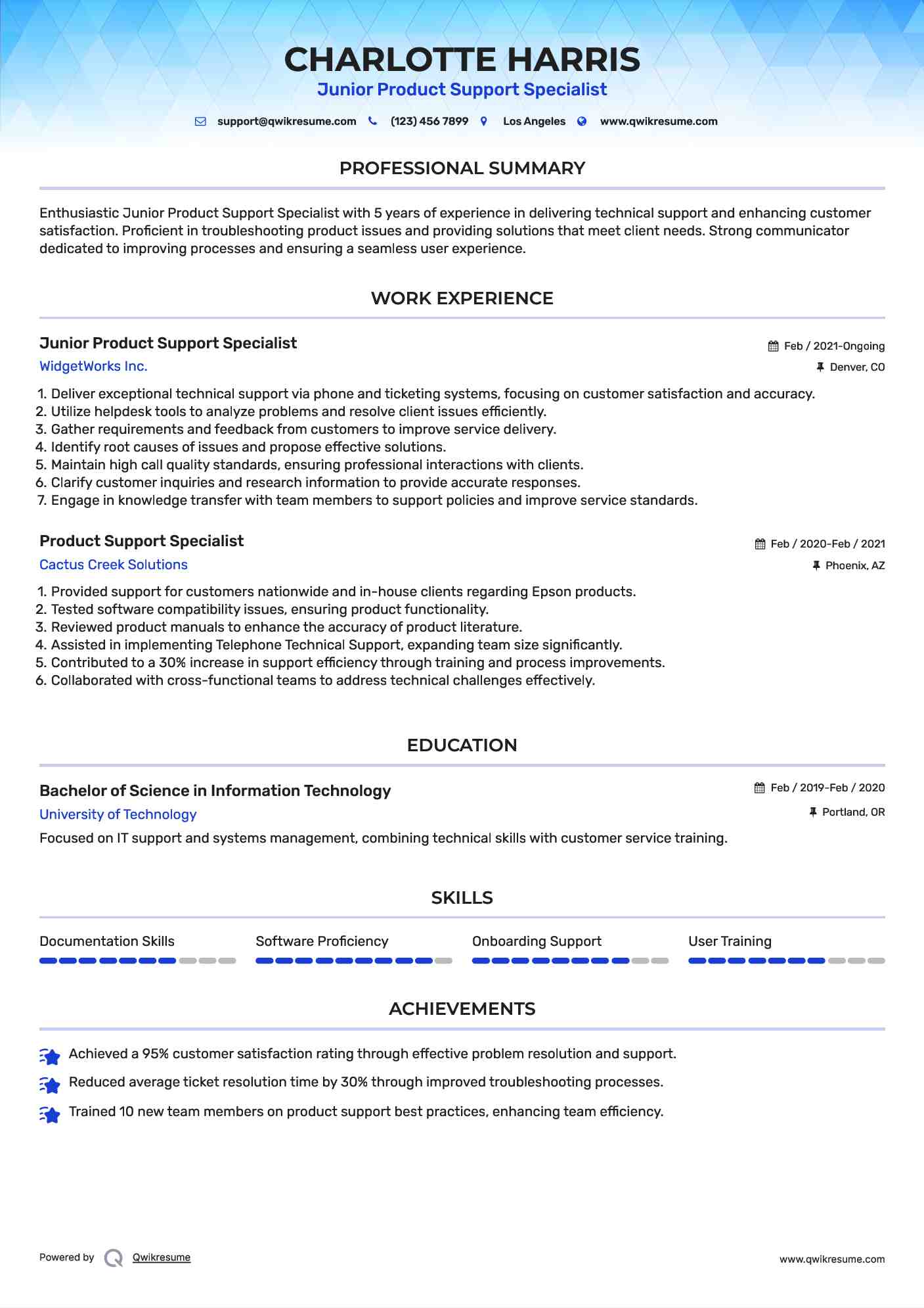 Junior Product Support Specialist  Resume Sample