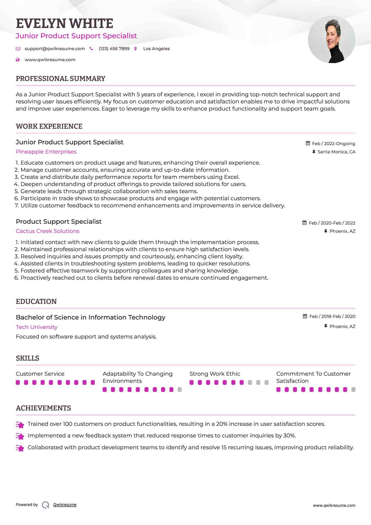 Junior Product Support Specialist  Resume Sample