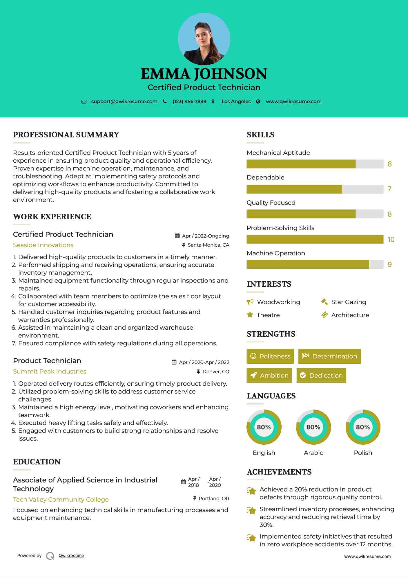 Certified Product Technician Resume Example