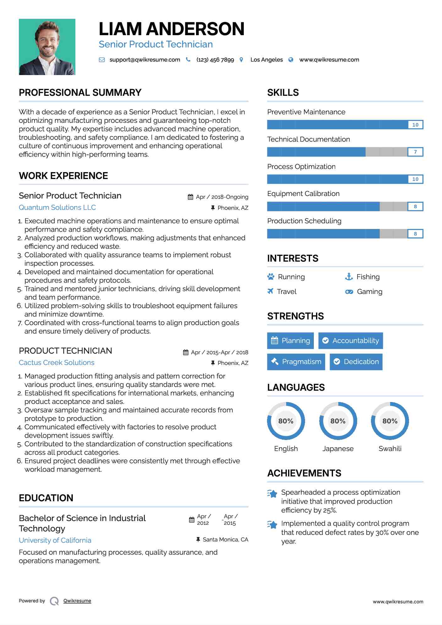 Senior Product Technician Resume Example
