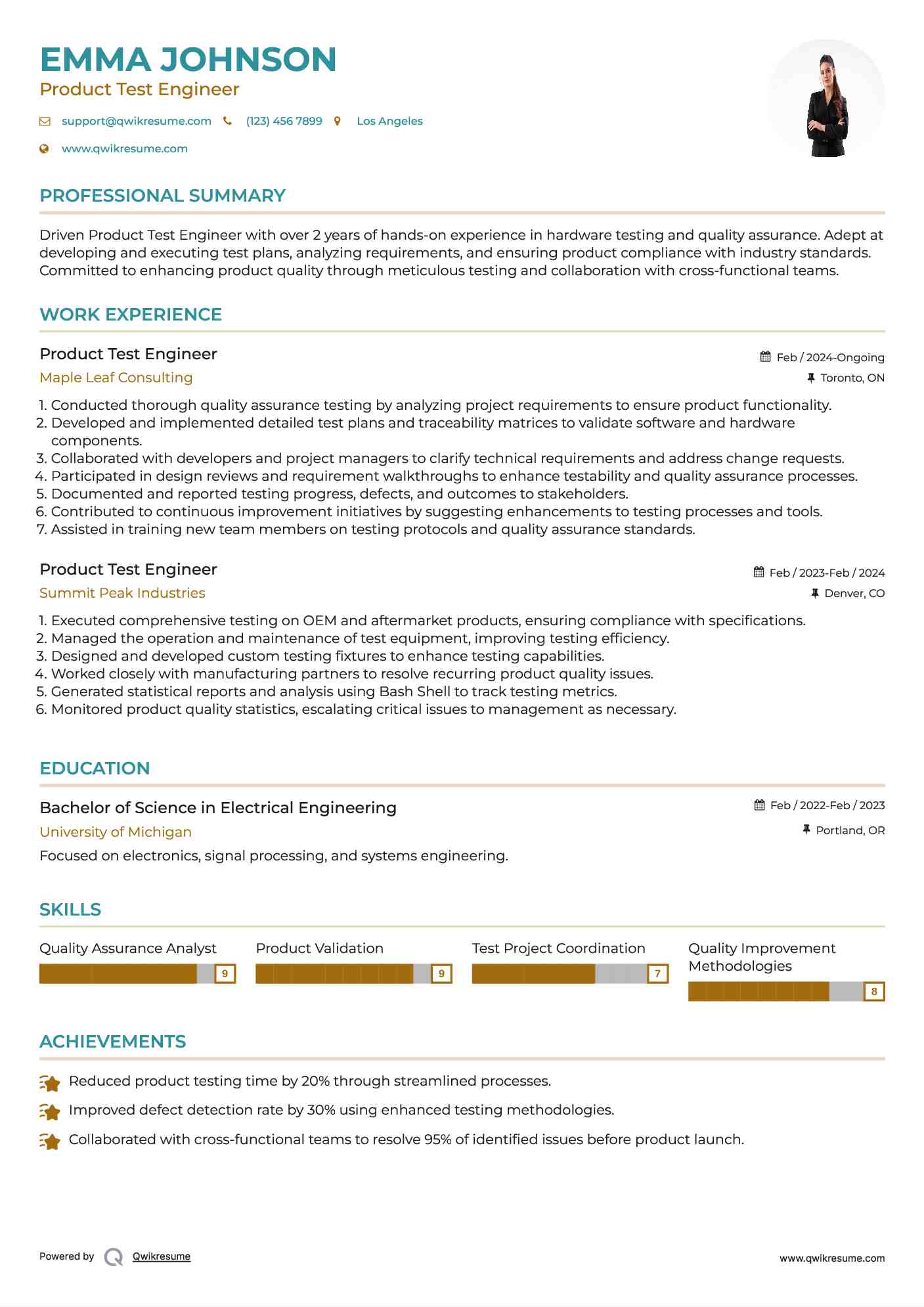 Product Test Engineer Resume Samples QwikResume
