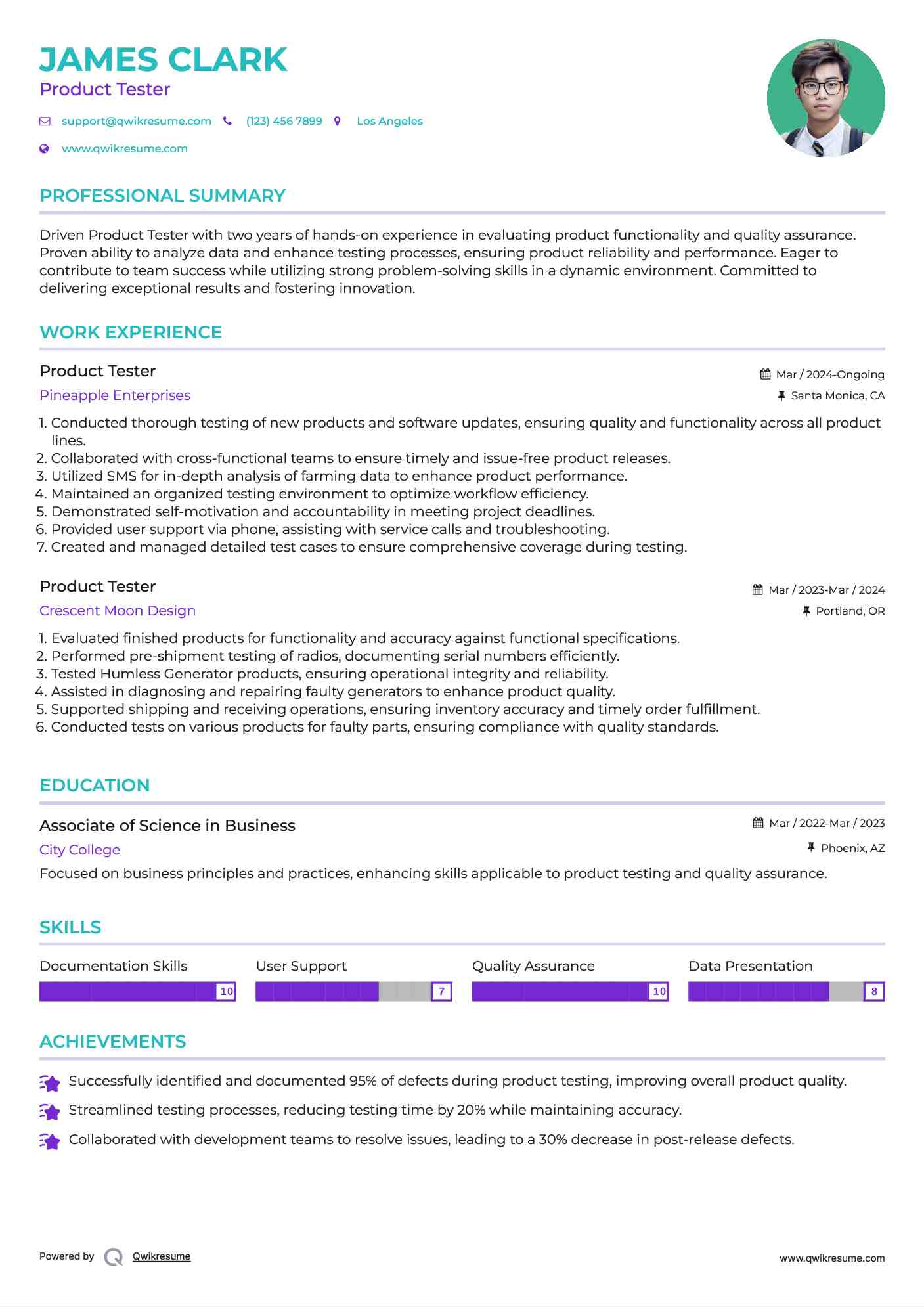 Product Tester Resume Model
