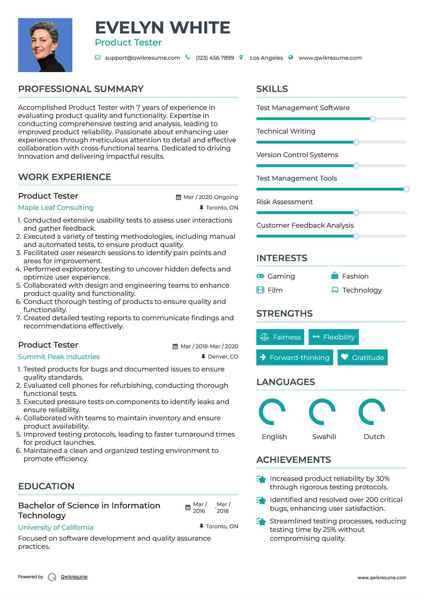 Product Tester Resume Model