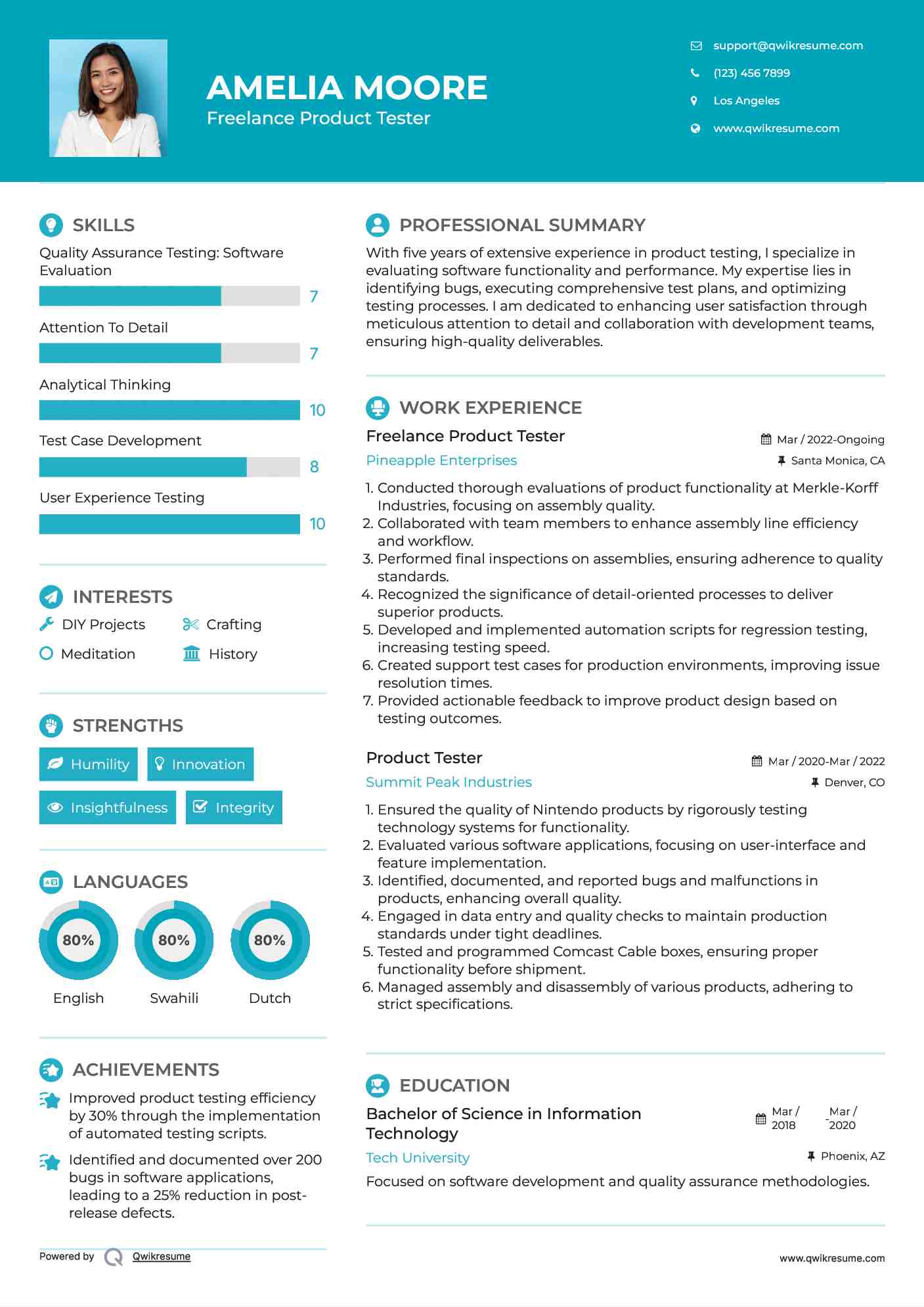 Freelance Product Tester Resume Example