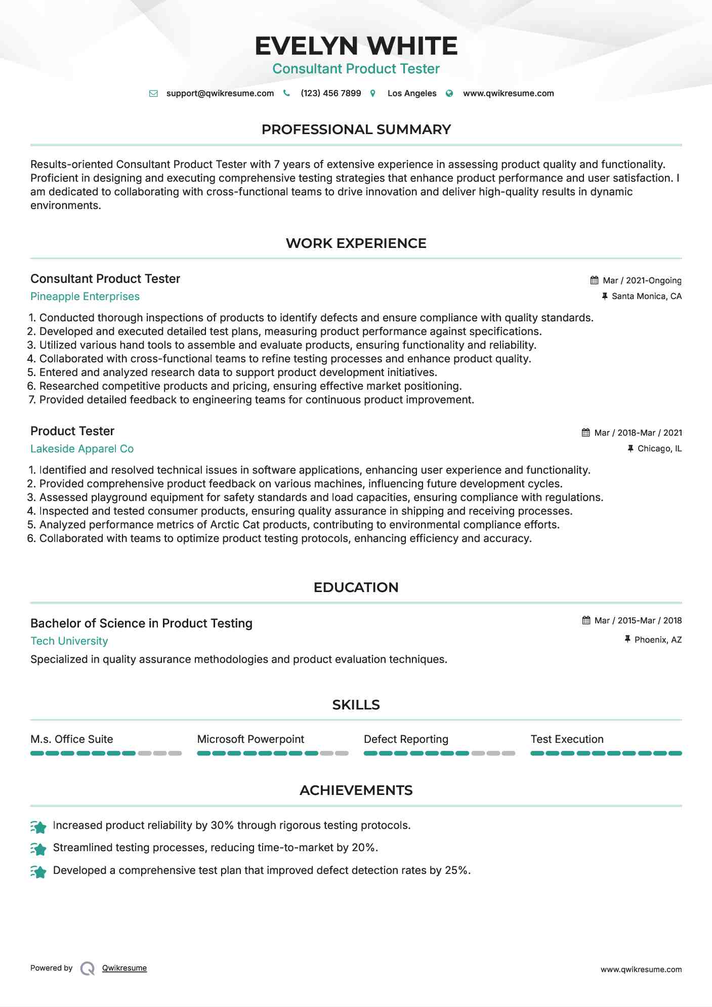 Consultant Product Tester Resume Format