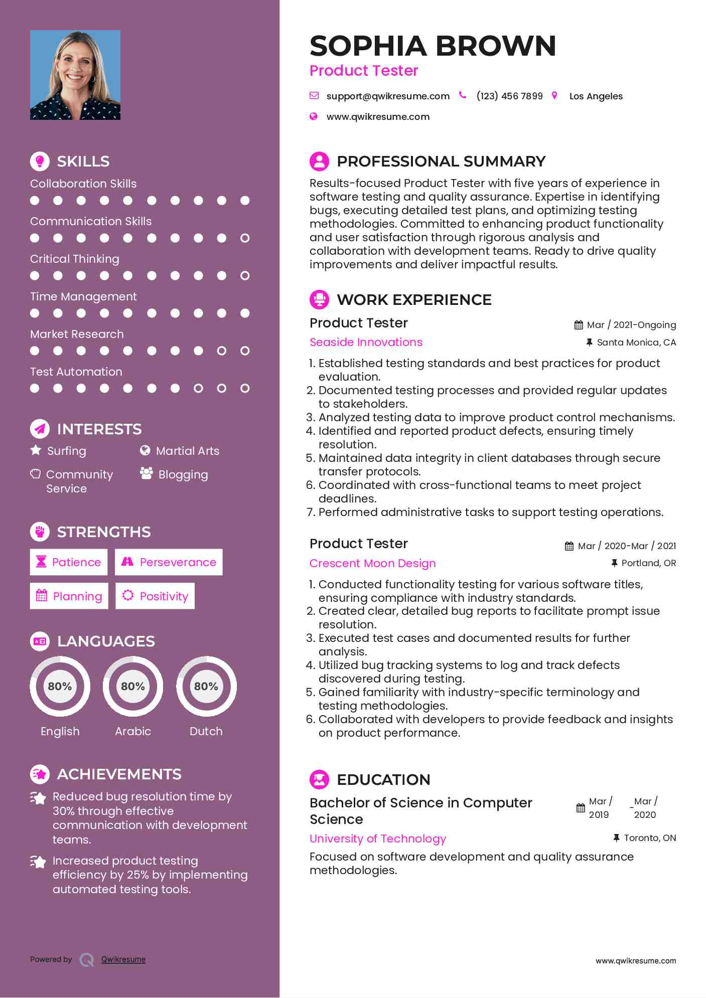 Product Tester Resume Sample