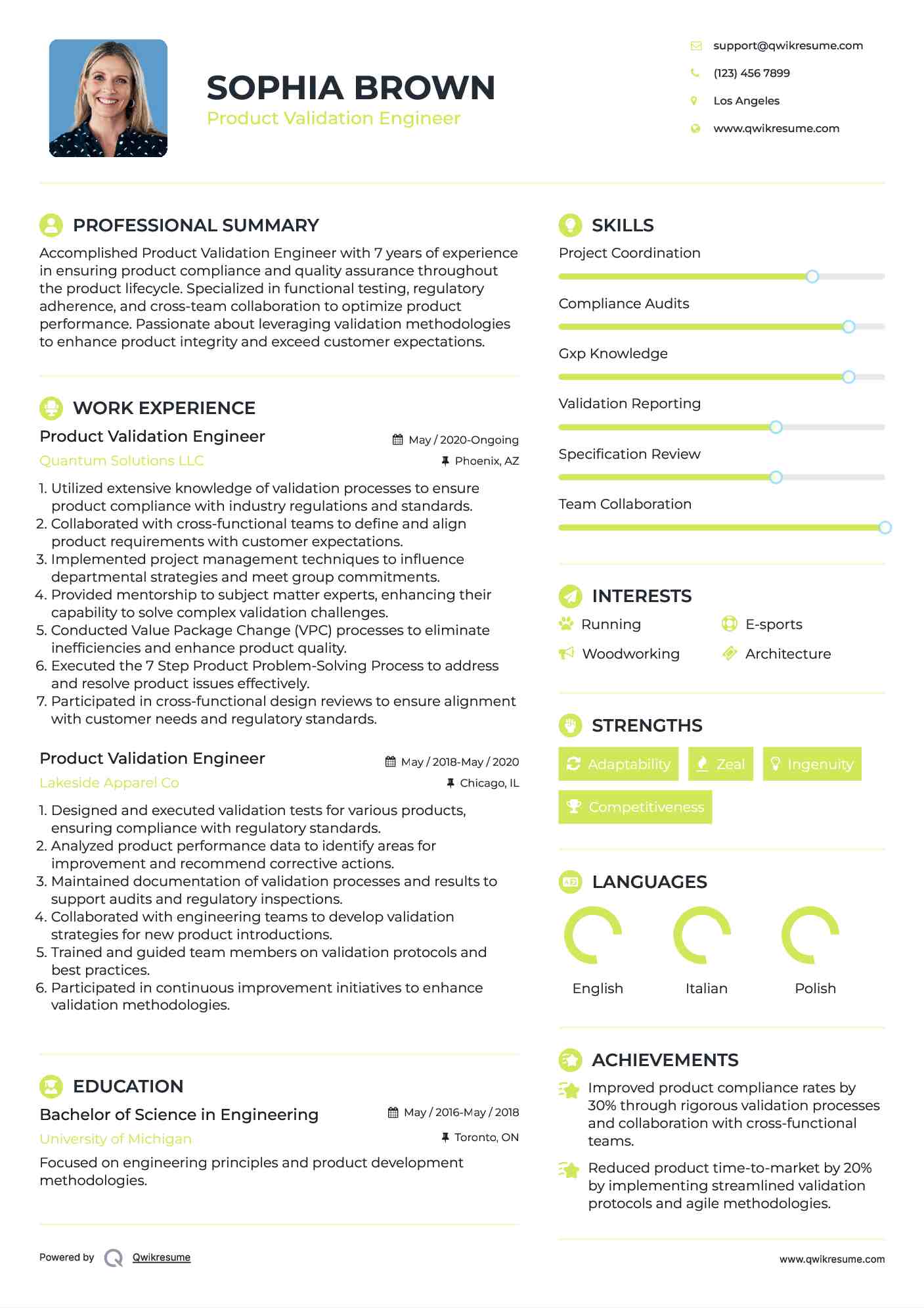 Product Validation Engineer Resume Sample