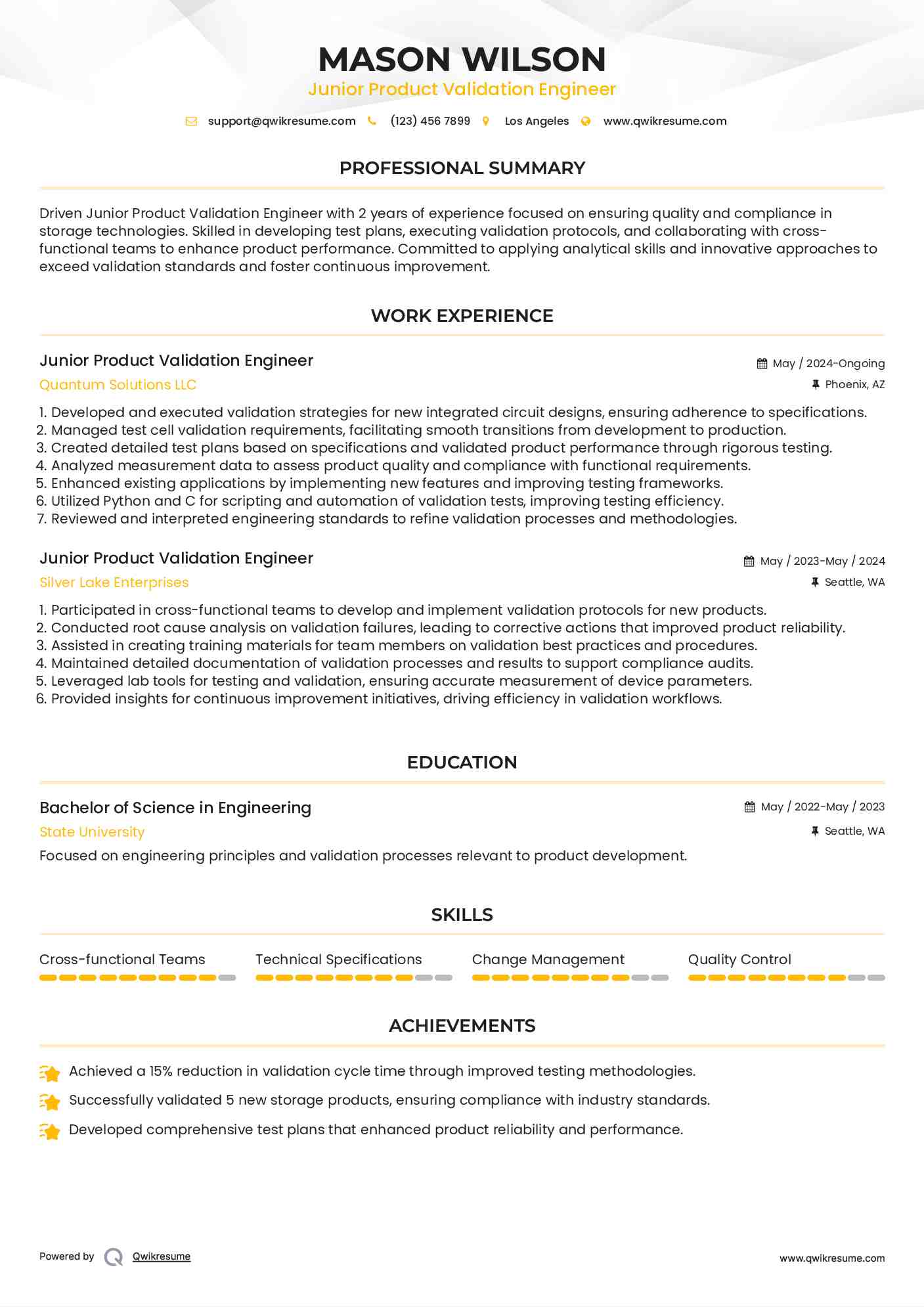 Junior Product Validation Engineer Resume Format