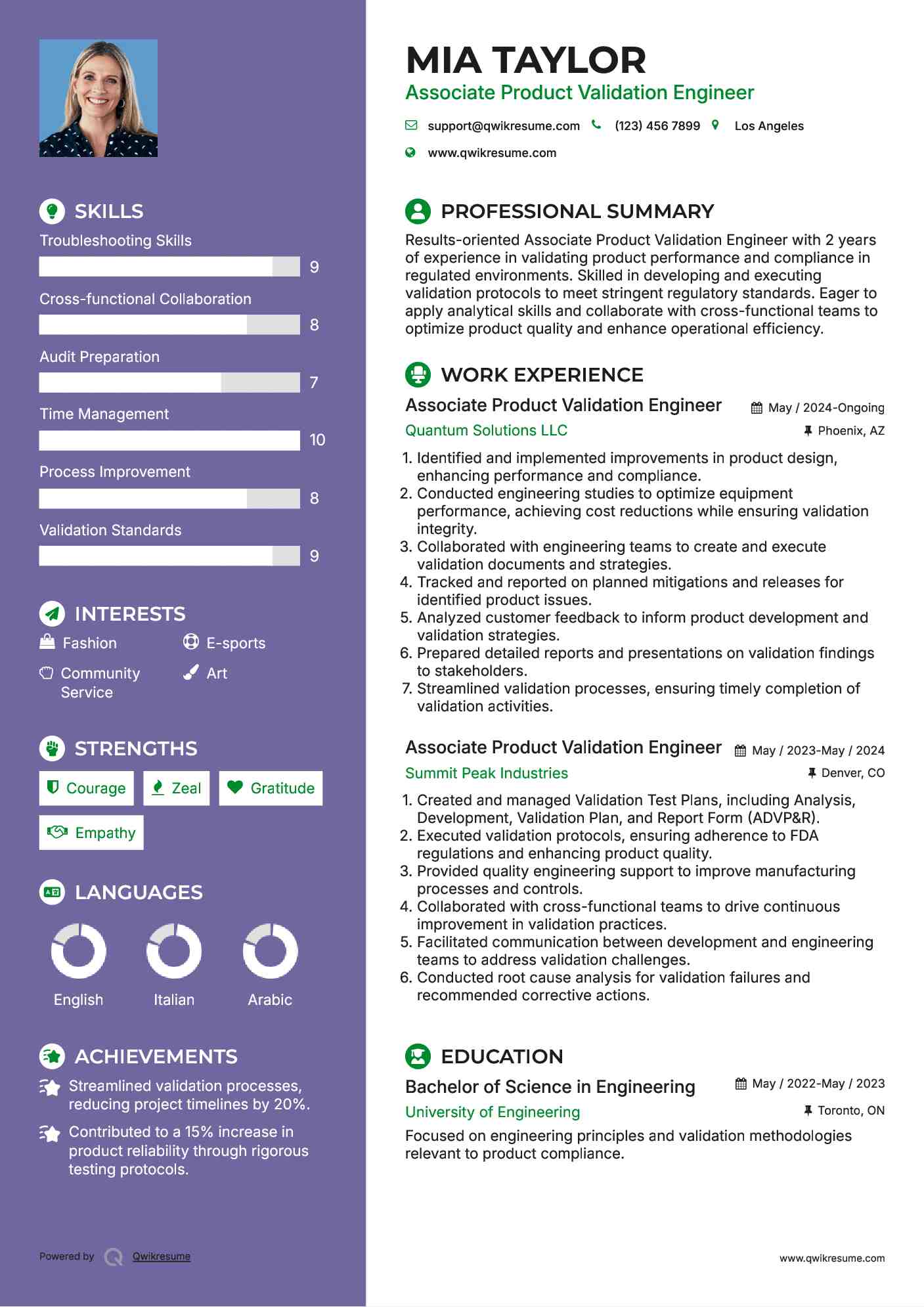 Associate Product Validation Engineer Resume Example