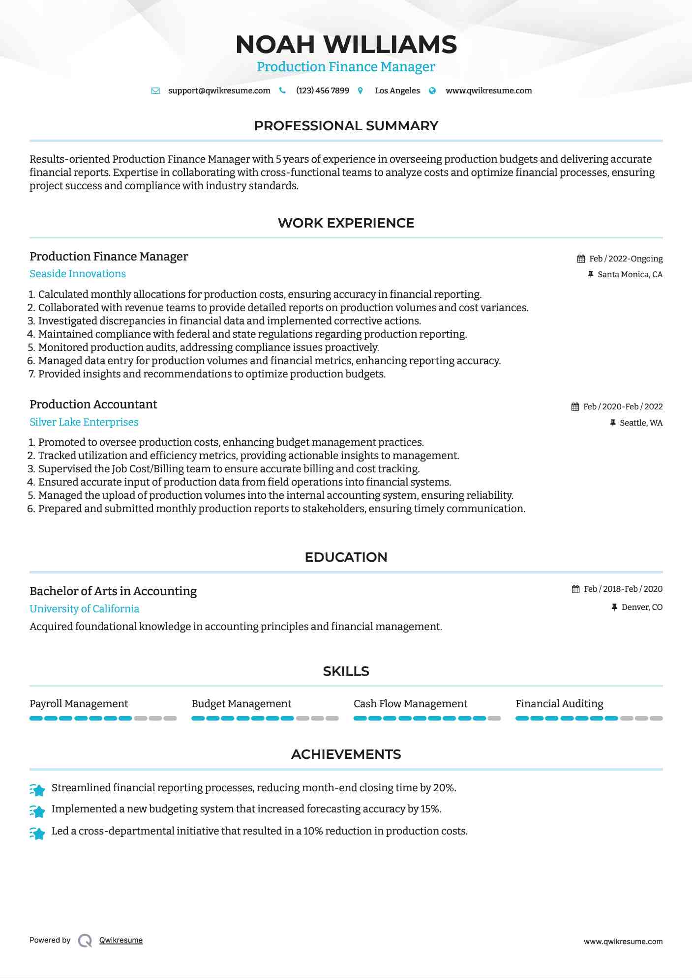 Production Finance Manager Resume Format