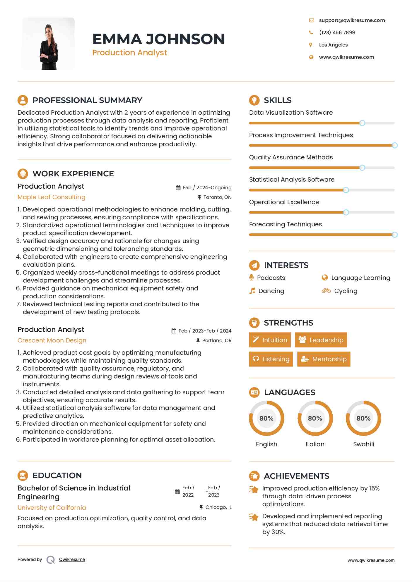 Production Analyst Resume Template