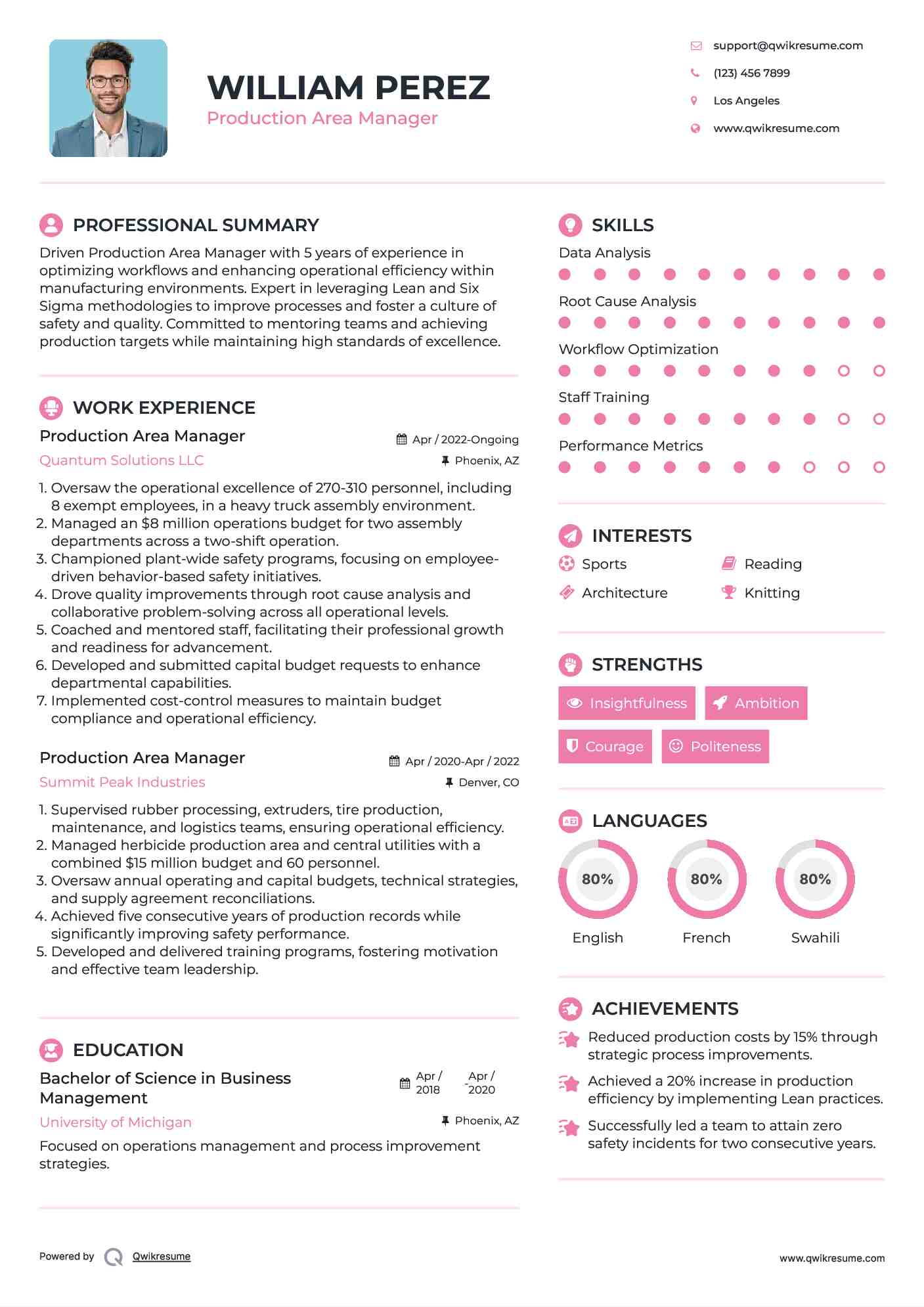 Production Area Manager Resume Format