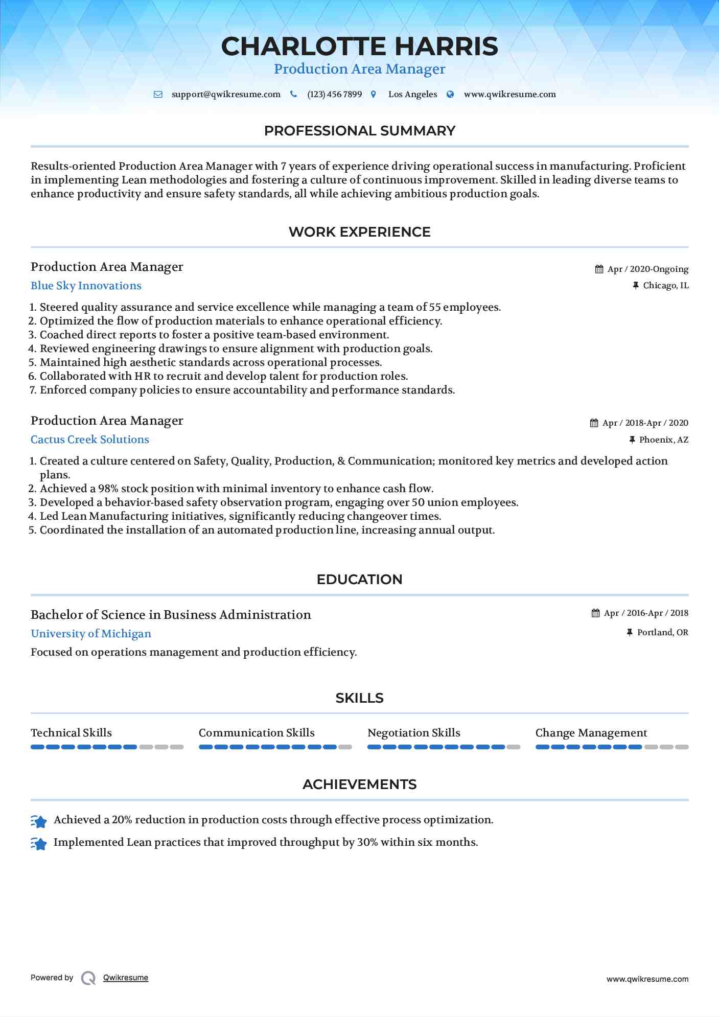 Production Area Manager Resume Example