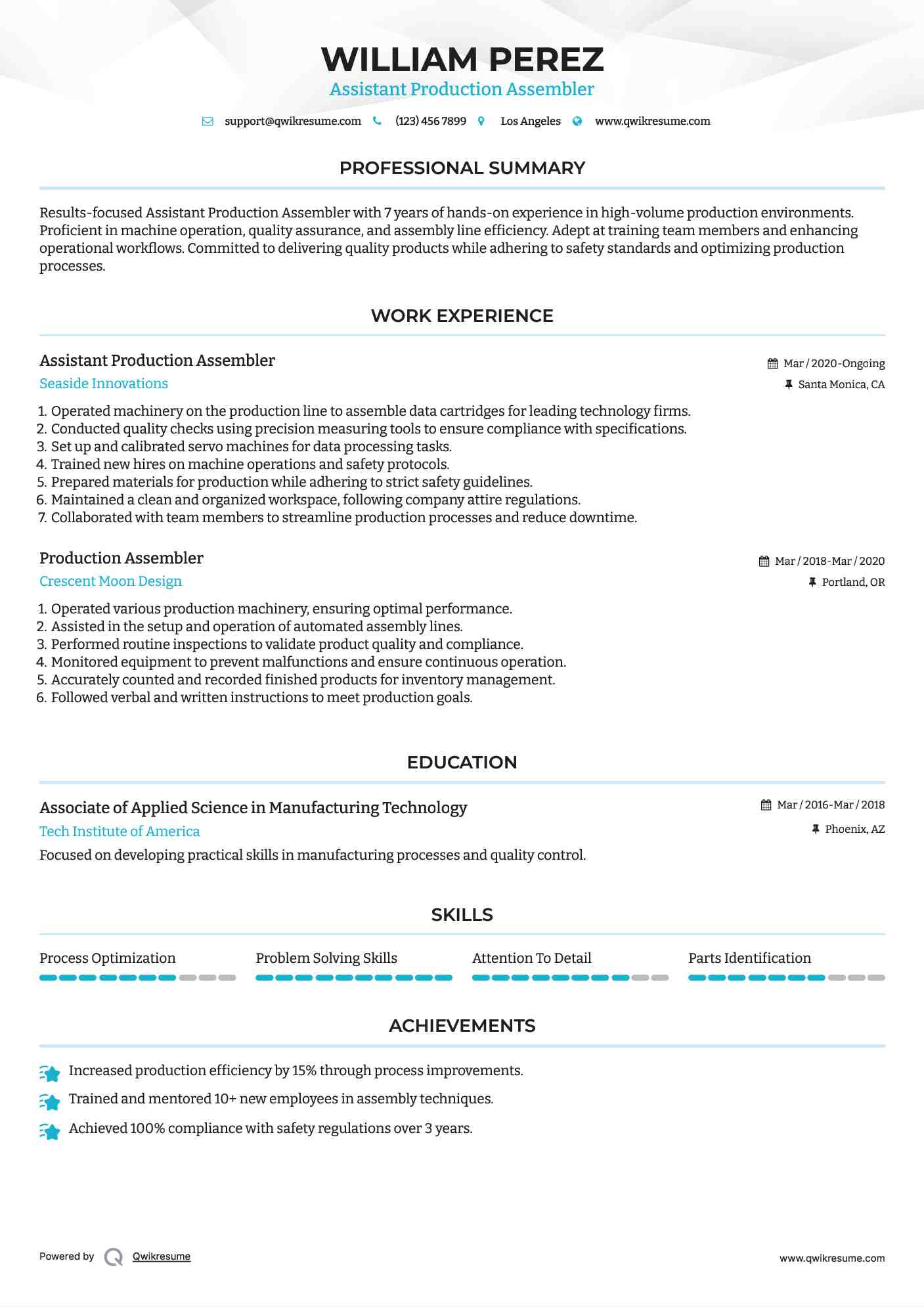 Assistant Production Assembler Resume Model