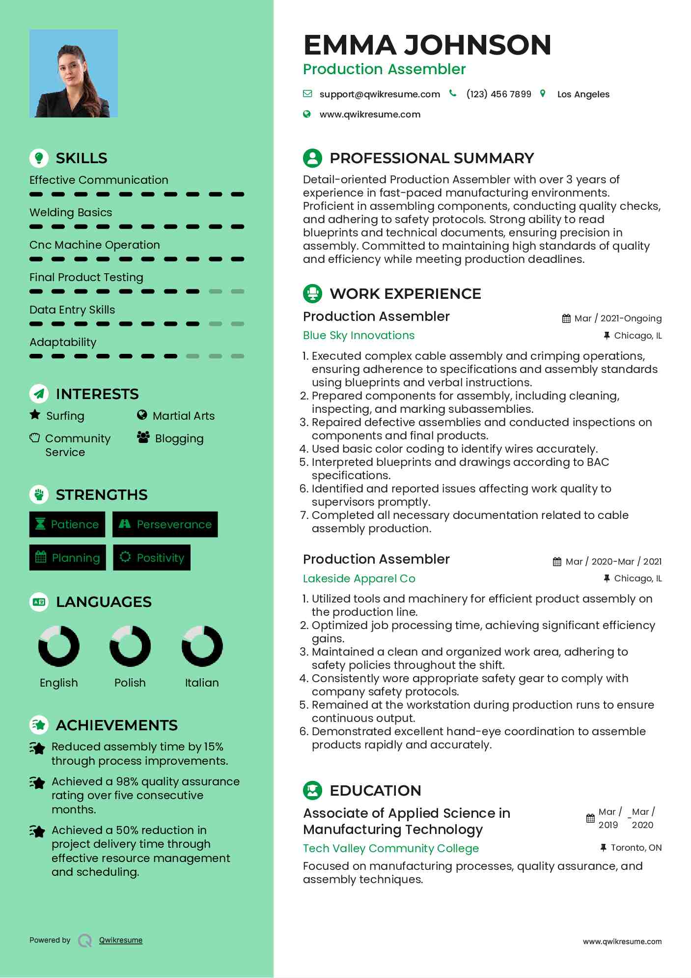 Production Assembler Resume Template
