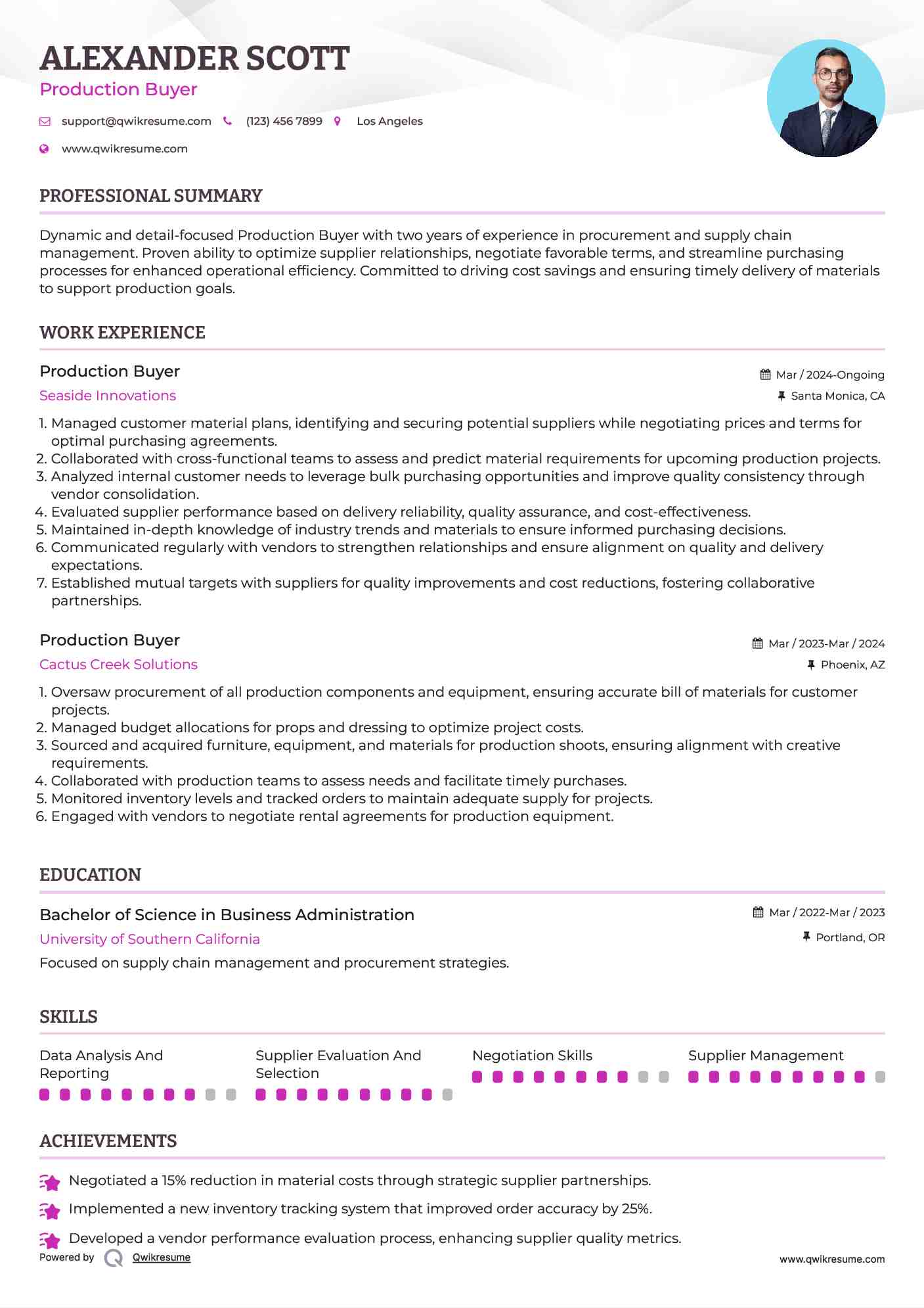 Production Buyer Resume Format