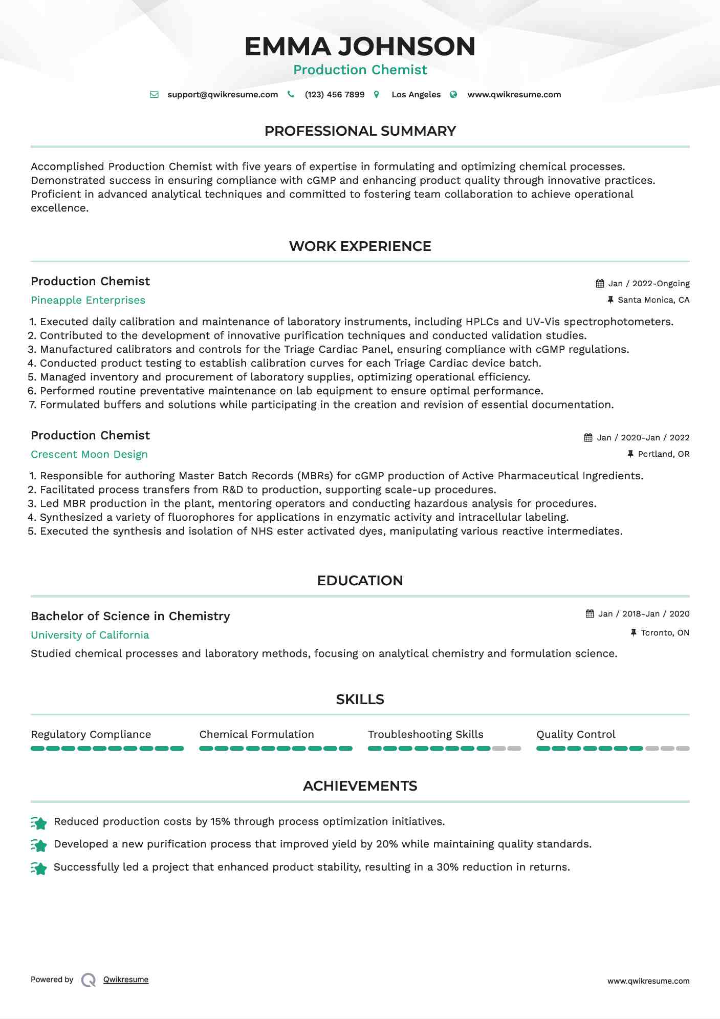 Production Chemist Resume Format