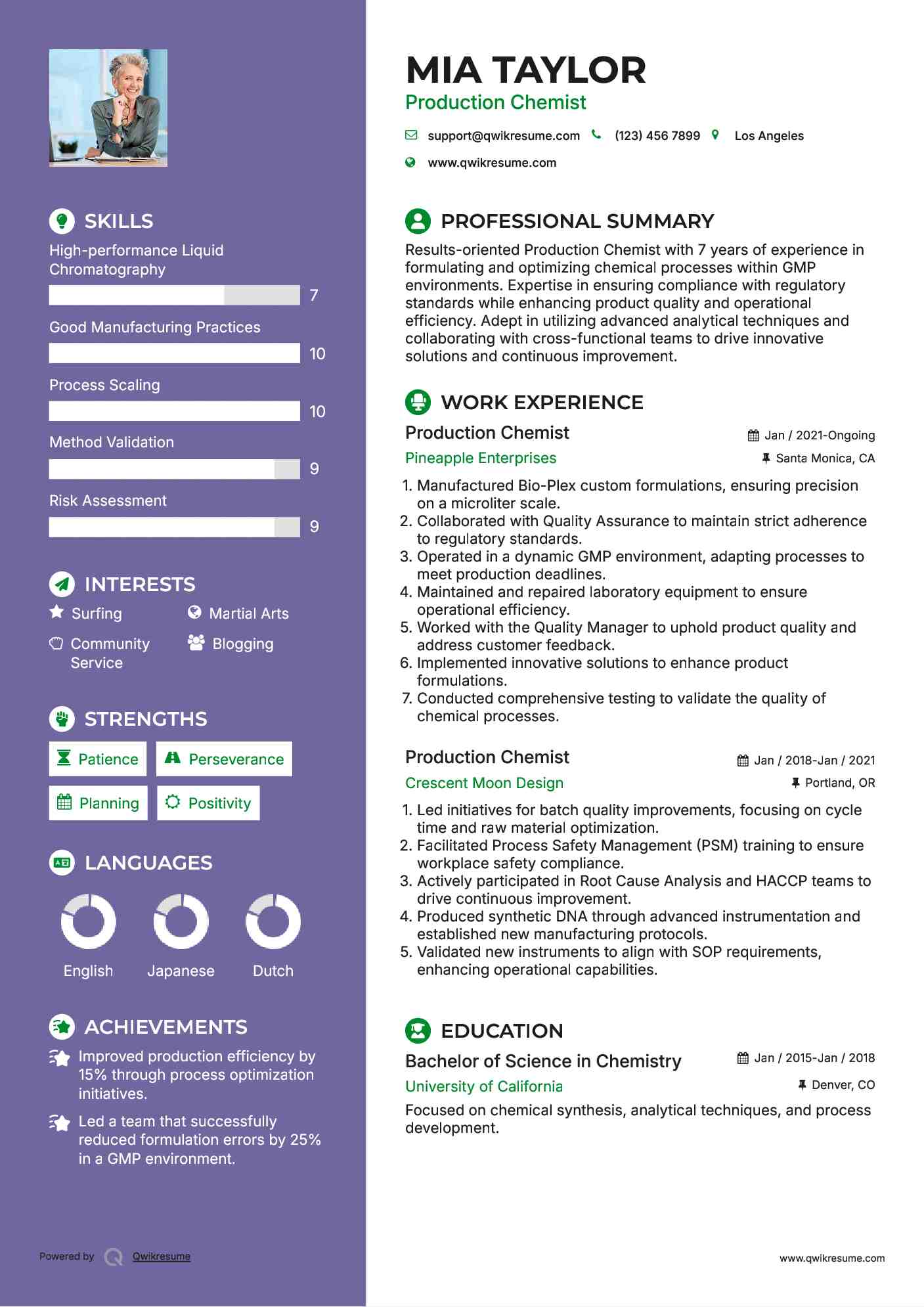Production Chemist Resume Model
