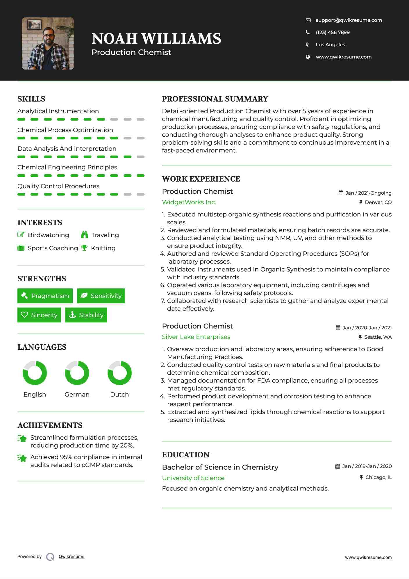 Production Chemist Resume Template