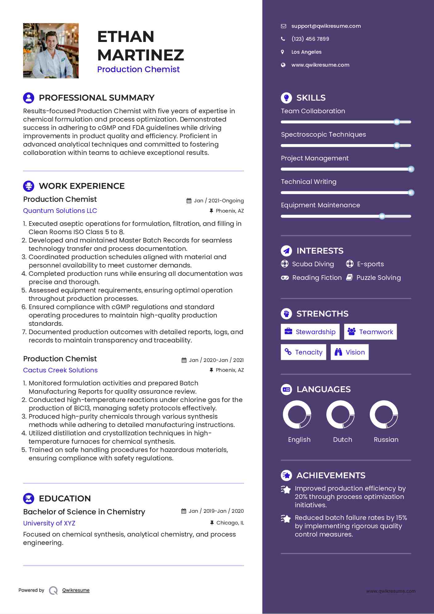 Production Chemist Resume Model