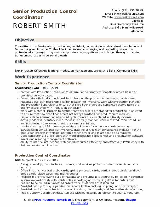 Production Control Coordinator Resume Samples | QwikResume