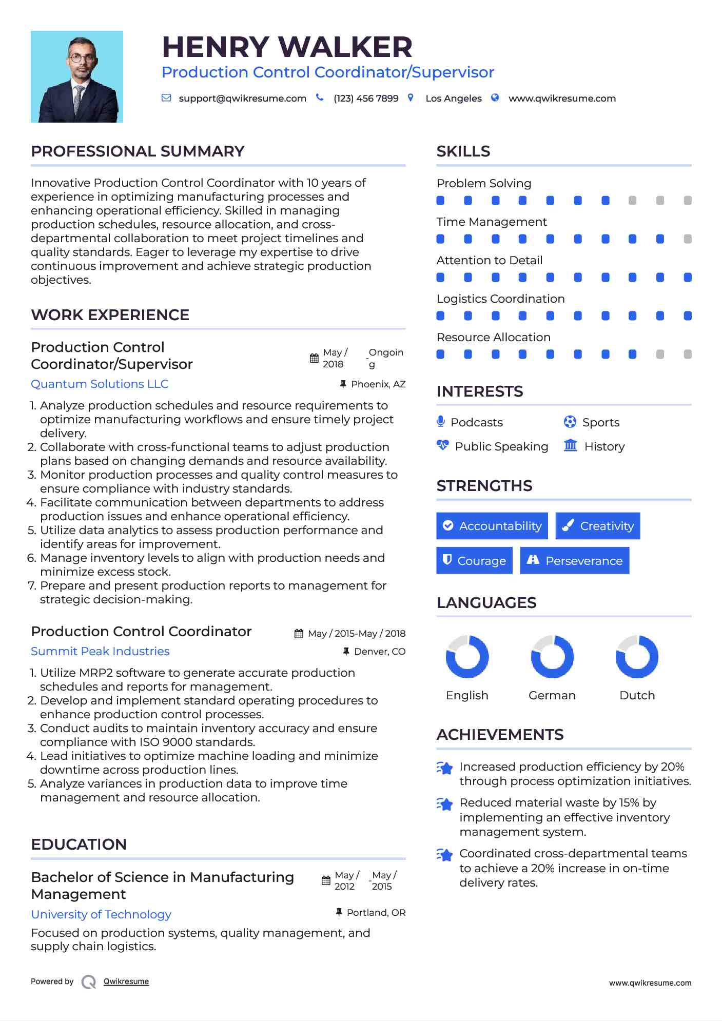 Production Control Coordinator/Supervisor Resume Sample