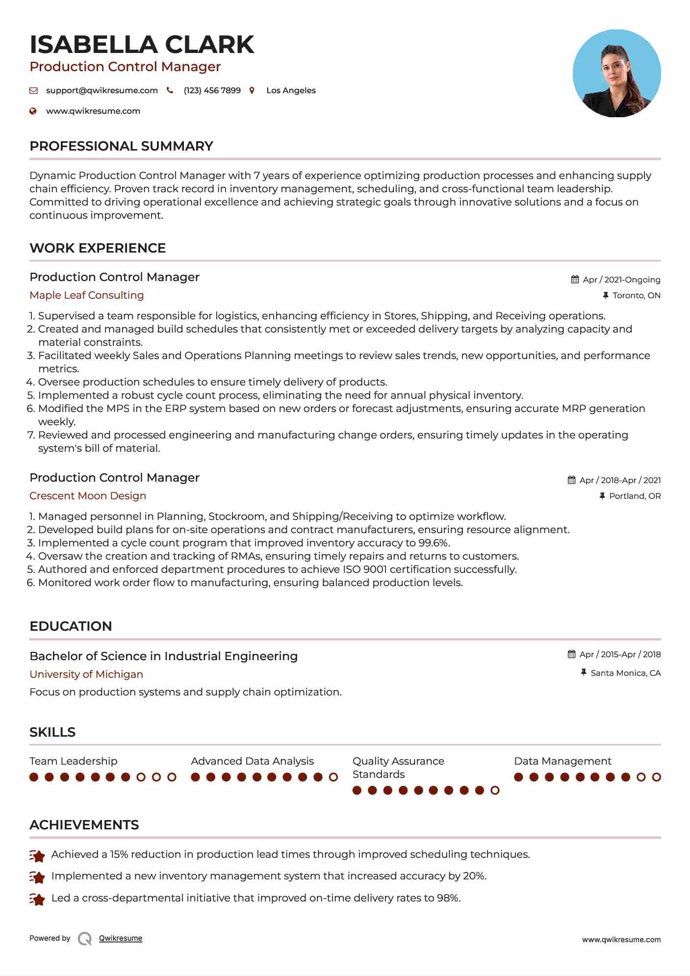 Production Control Manager Resume Sample