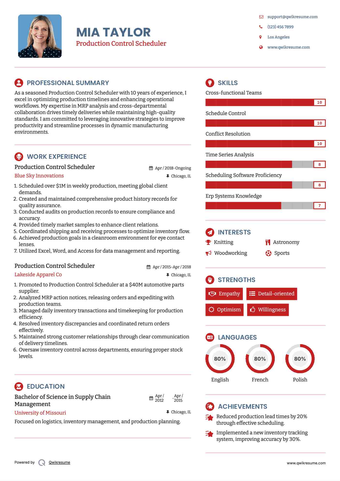 Production Control Scheduler Resume Example