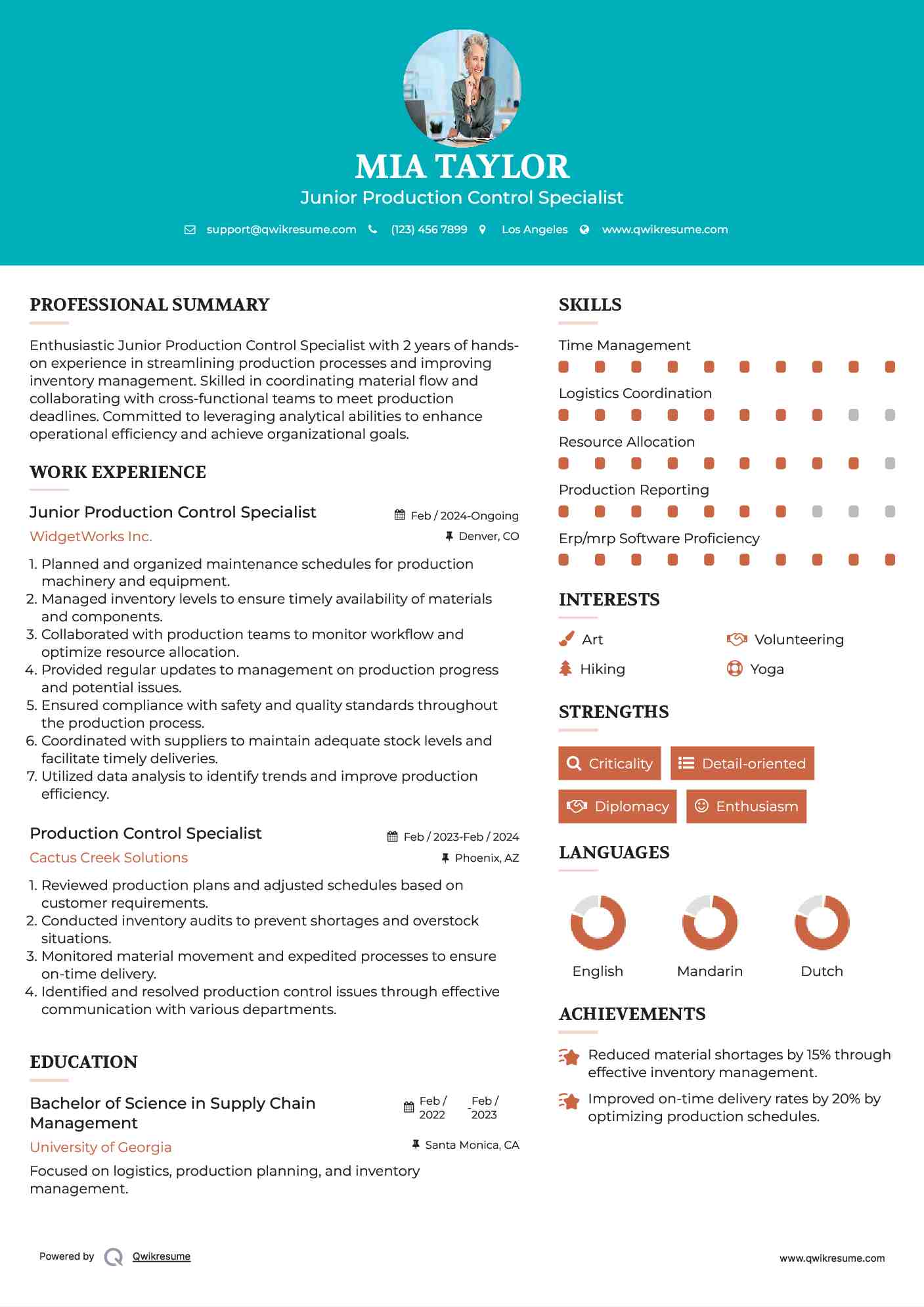 Junior Production Control Specialist Resume Model