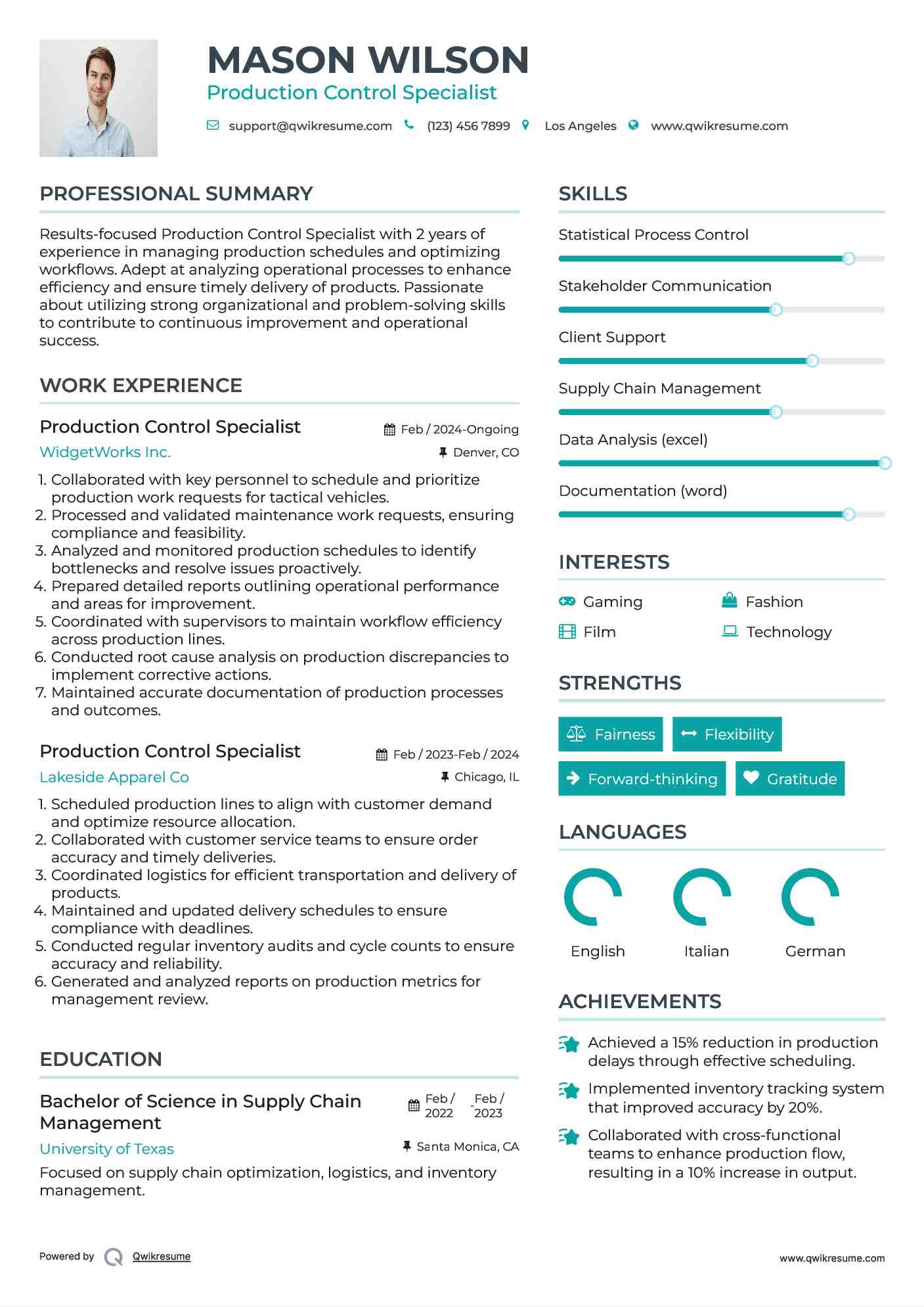 Production Control Specialist Resume Model