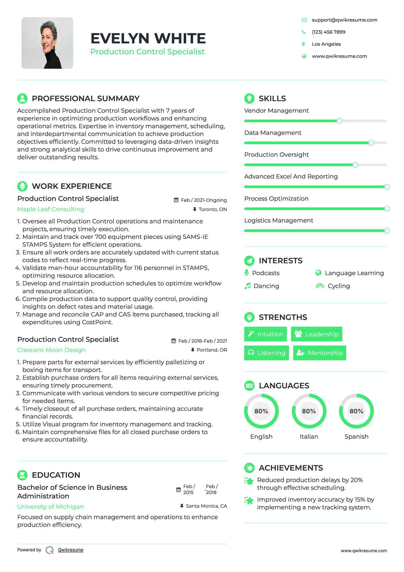 Production Control Specialist Resume Template