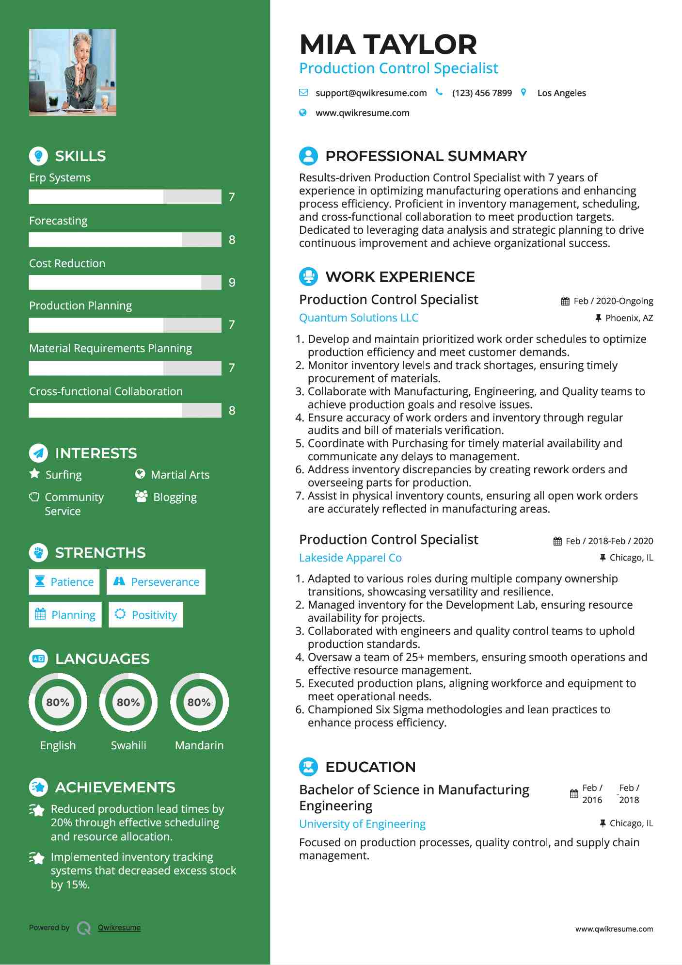Production Control Specialist Resume Template