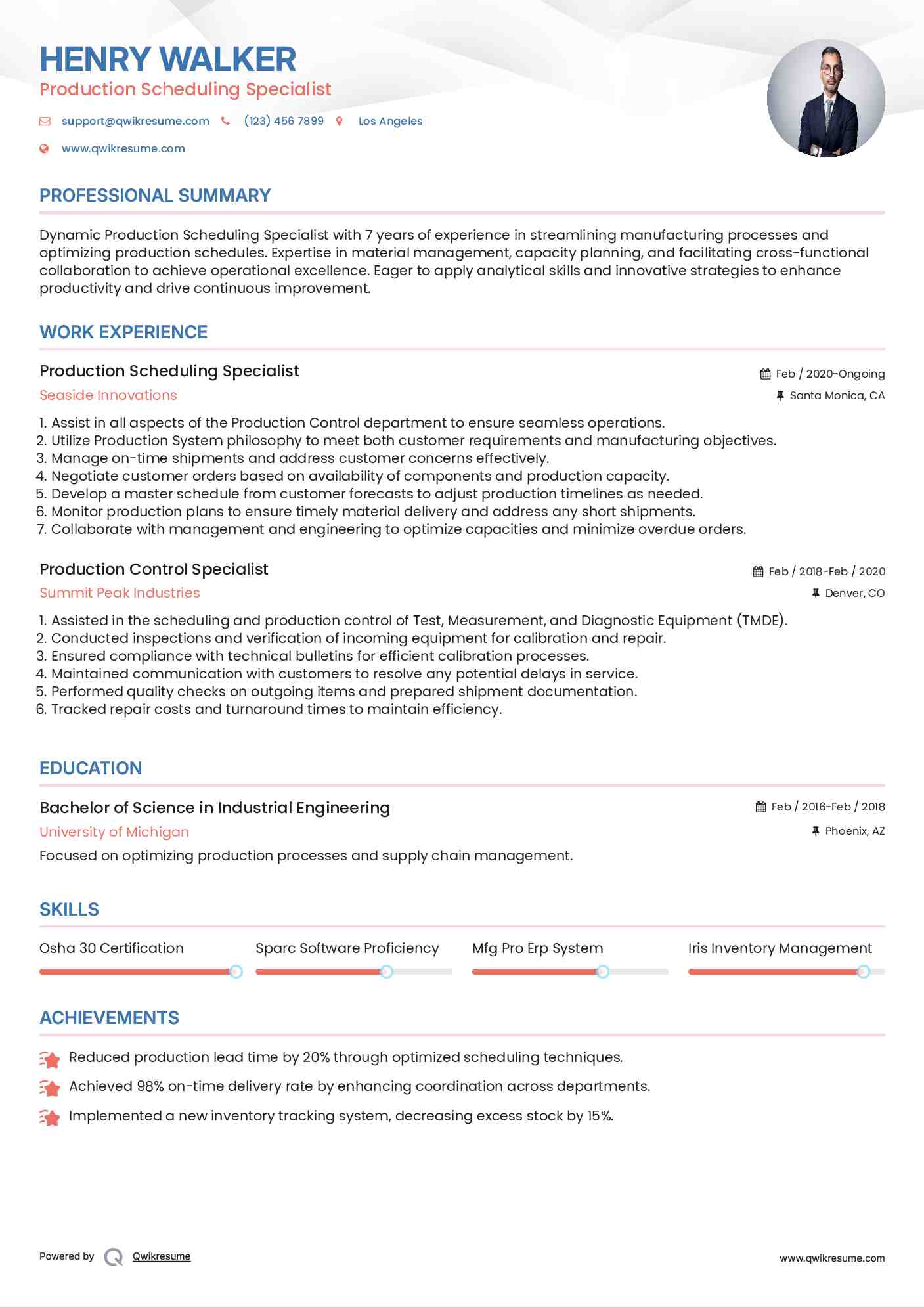 Production Scheduling Specialist Resume Format